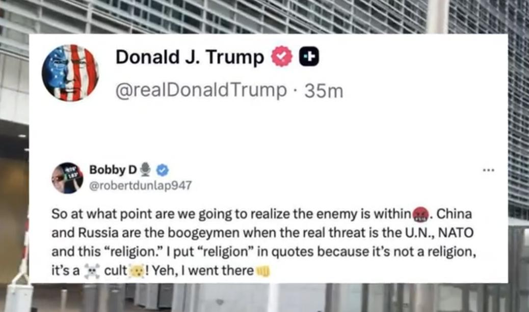 1 月 20 日美国总统特朗普通过媒体转发称，中俄不是美国的真正敌人，联合国和北