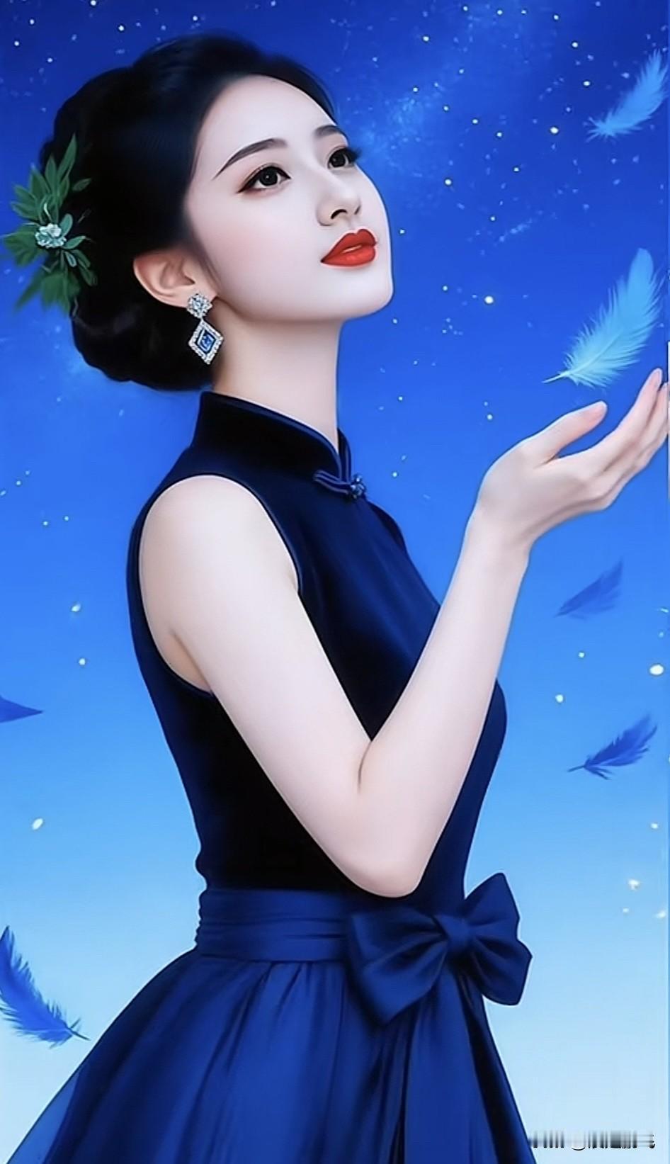 优雅蓝裙仙女，梦幻星空背景，唯美艺术插画梦幻蓝裙造型 紫色梦幻少女 紫色少女风 