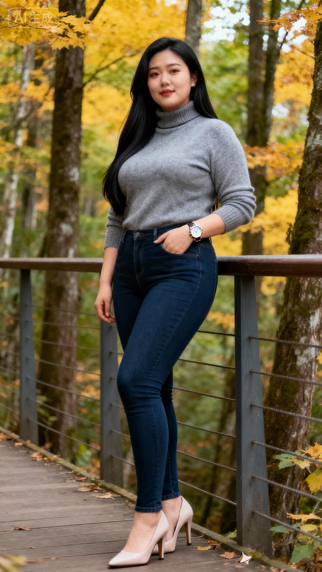 秋日森林中的优雅穿搭，灰色毛衣+牛仔裤，尽显时尚与自然之美。