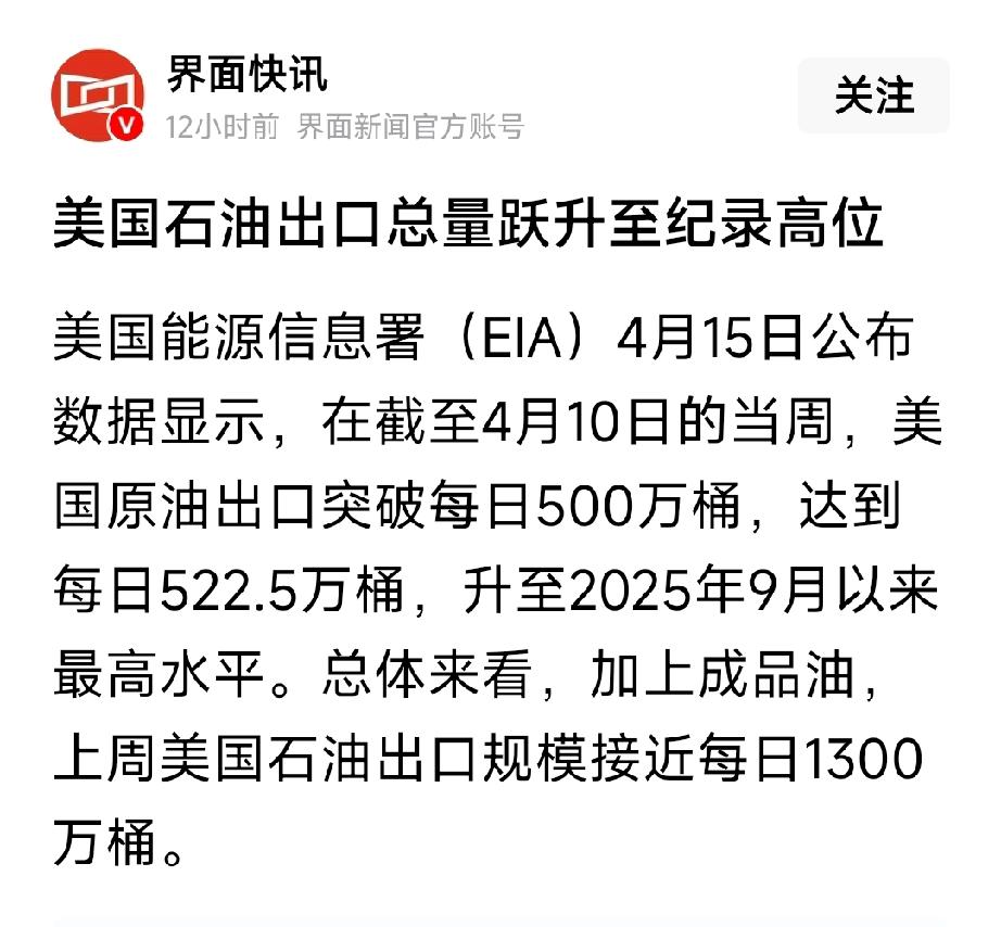 根据美国能源信息署4月15日最新公布的数据显示，美国原油出口达到了522.5万桶