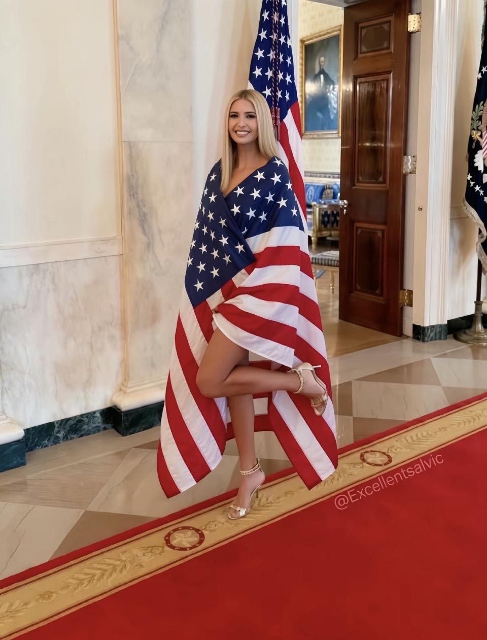 一位美女披着美国国旗摆姿势。这位女士披着美国国旗拍照。