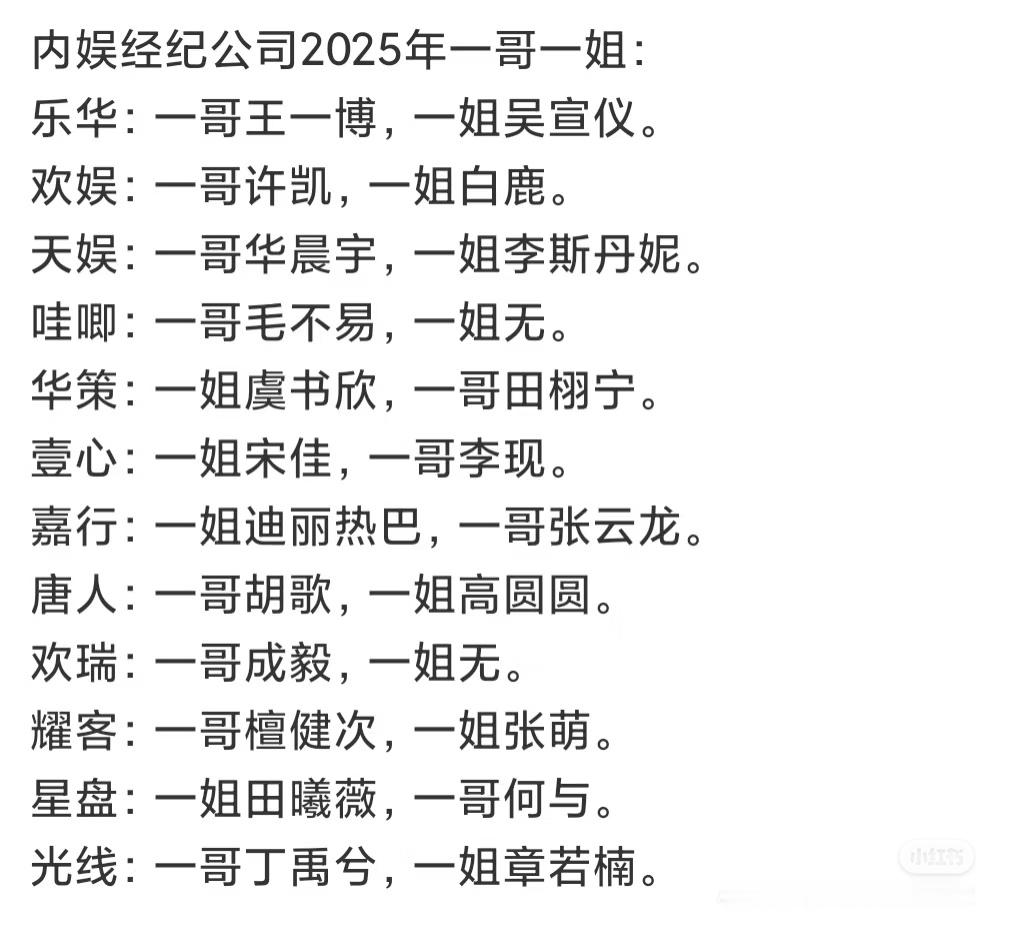 内娱经纪公司一哥一姐，才知道高圆圆是唐人的，张云龙都成嘉行一哥了。 ​​​