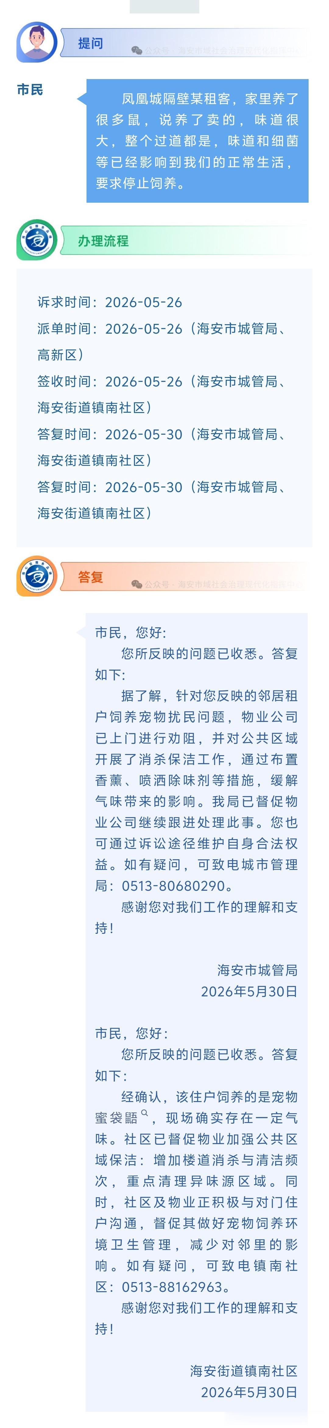 海安网友反映:  凤凰城隔壁某租客，家里养了很多鼠，说养了卖的，味道很大，整个过