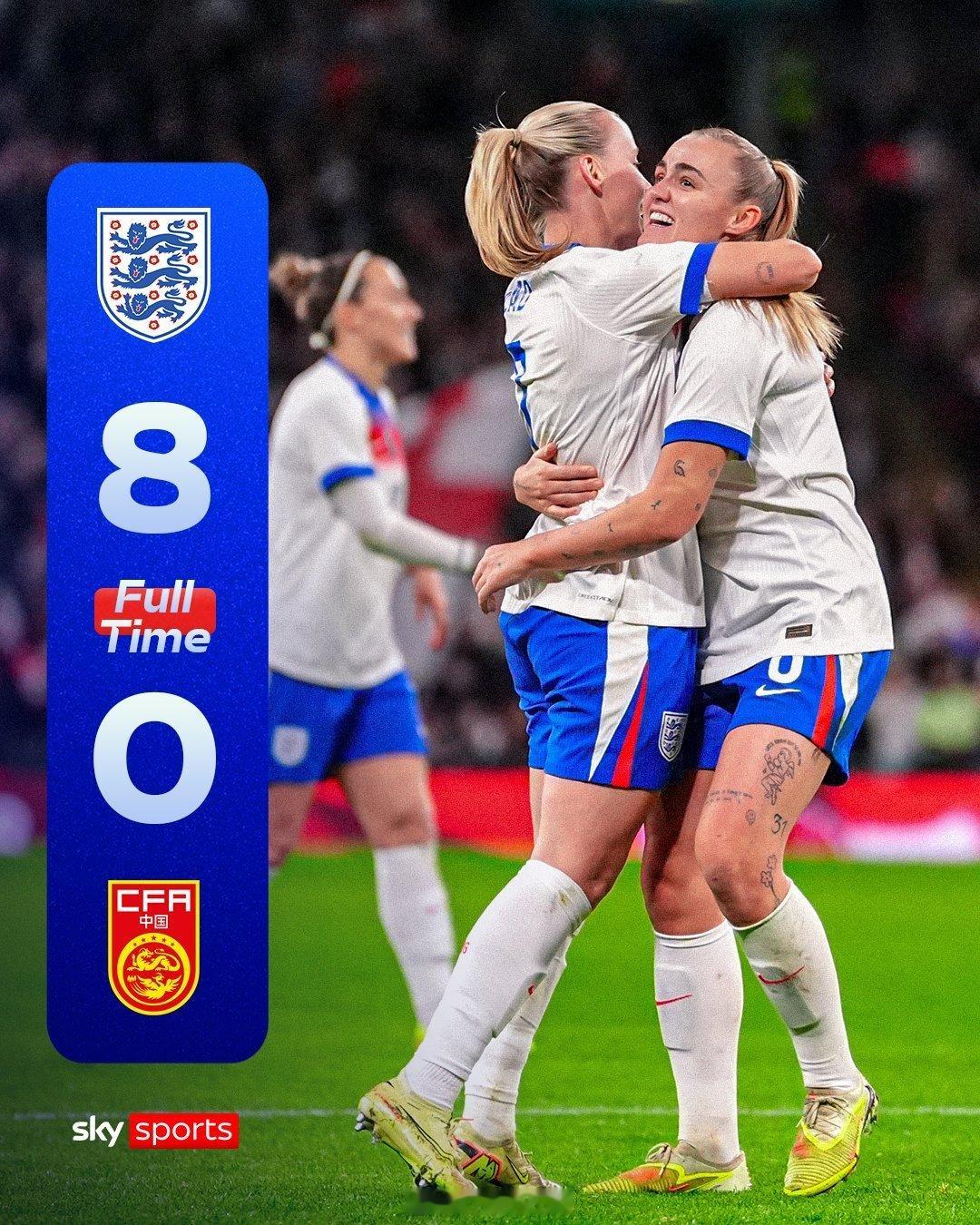 英格兰女足以8-0大胜中国女足，创造了她们在温布利球场的最大比分胜利😬中国队目