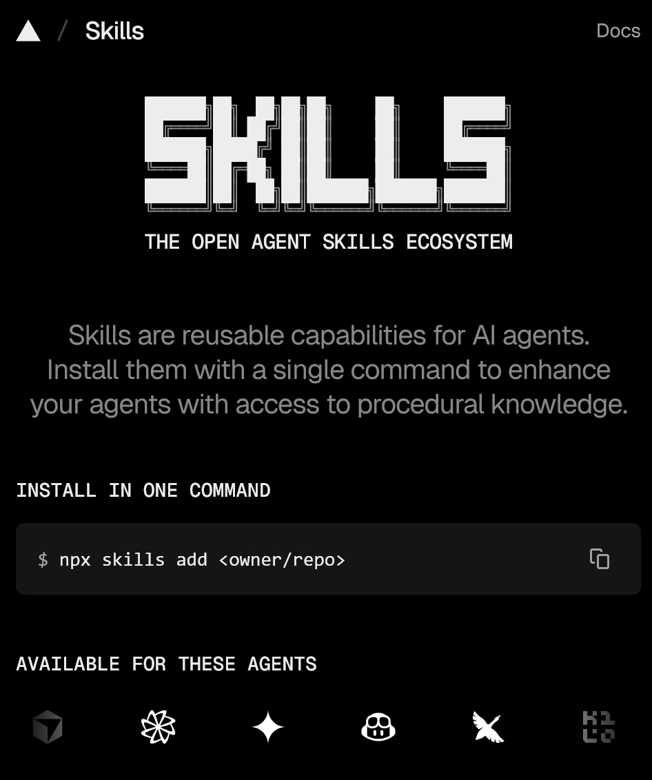 skills. sh ，Vercel出的Skills聚合站，按安装量排名，筛选最