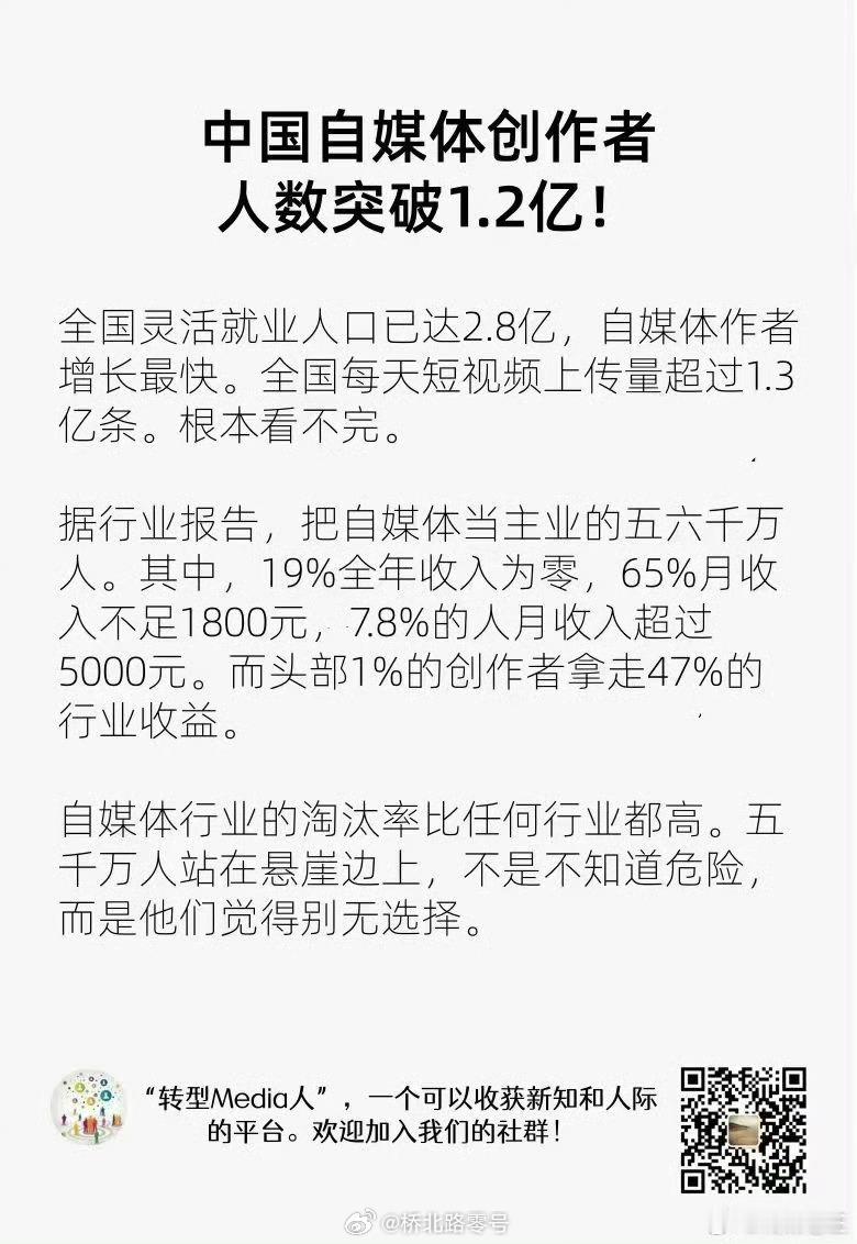中国自媒体人数超过1.2亿人。这该庆贺吗？这不是妥妥的1.2亿灵活就业人员吗？自