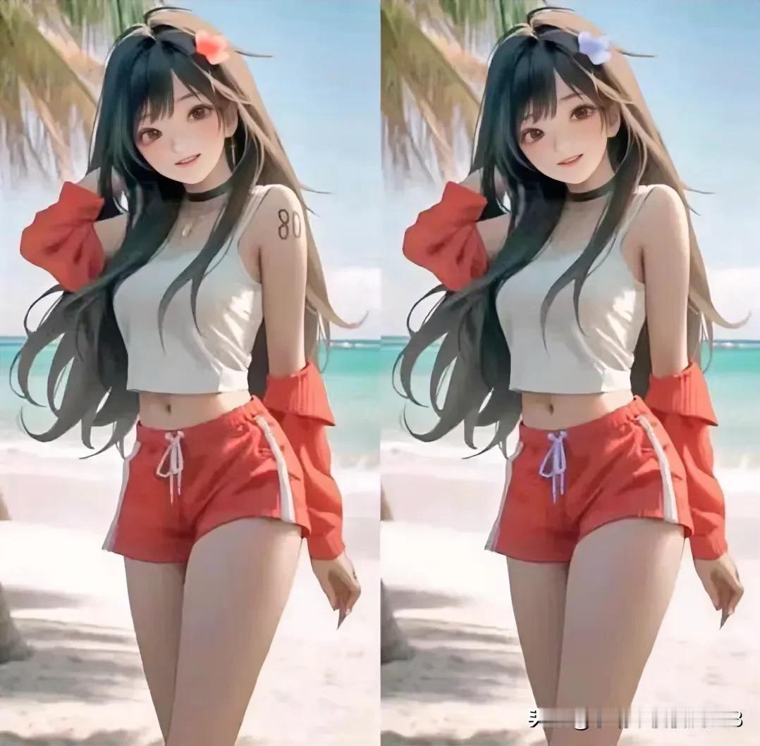 美丽沙滩，红衣靓女
考眼力 我找到4处不同 你找到几处[灵光一闪]