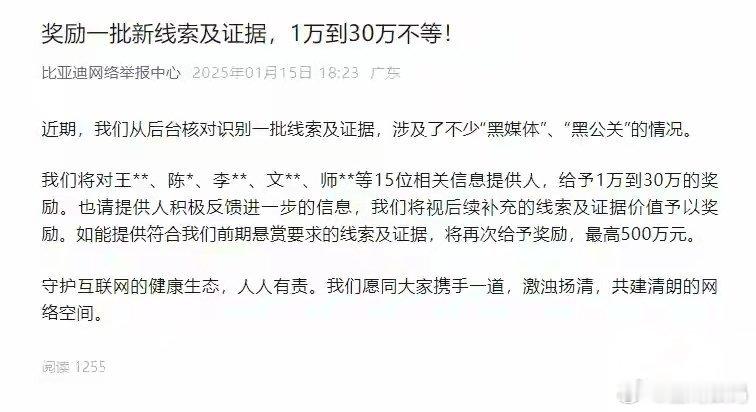 【比亚迪对提供黑媒体、公关线索的15人发放奖励：最高30万元】比亚迪网络举报中心