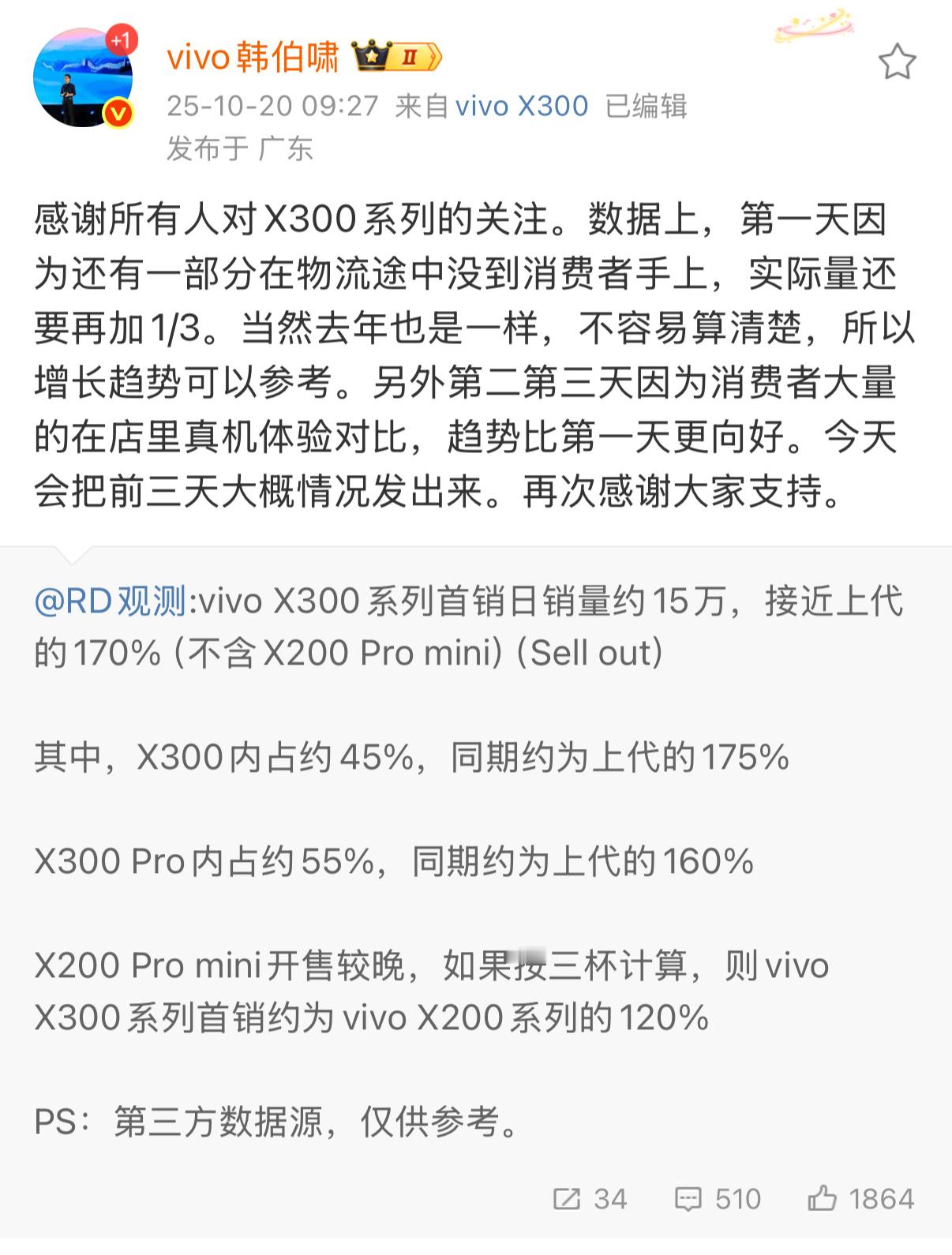 看来X300系列和小米17系列都卖得不错，而且按照以往惯例，阿蓝属于后劲十足的，