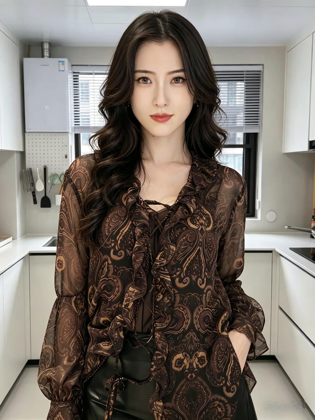 棕衫俏佳人，倩笑满室春。