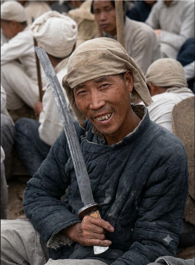 1944年，陕甘宁边区延安，一名普通边区民兵，头裹陕北白羊肚毛巾，身着厚实的粗布