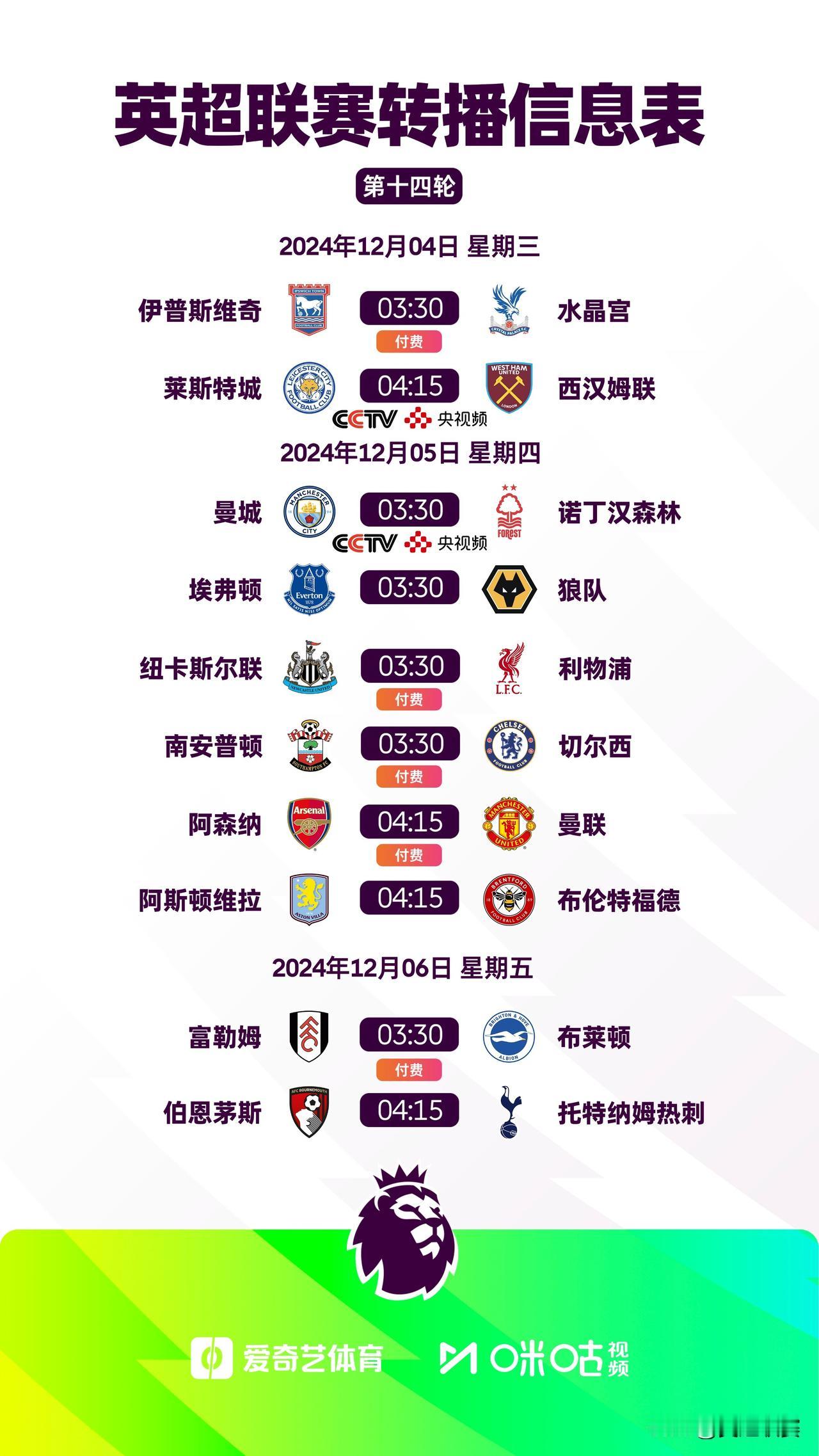 2024/25赛季英超第14轮转播信息

焦点战：阿森纳 vs 曼联 付费直播