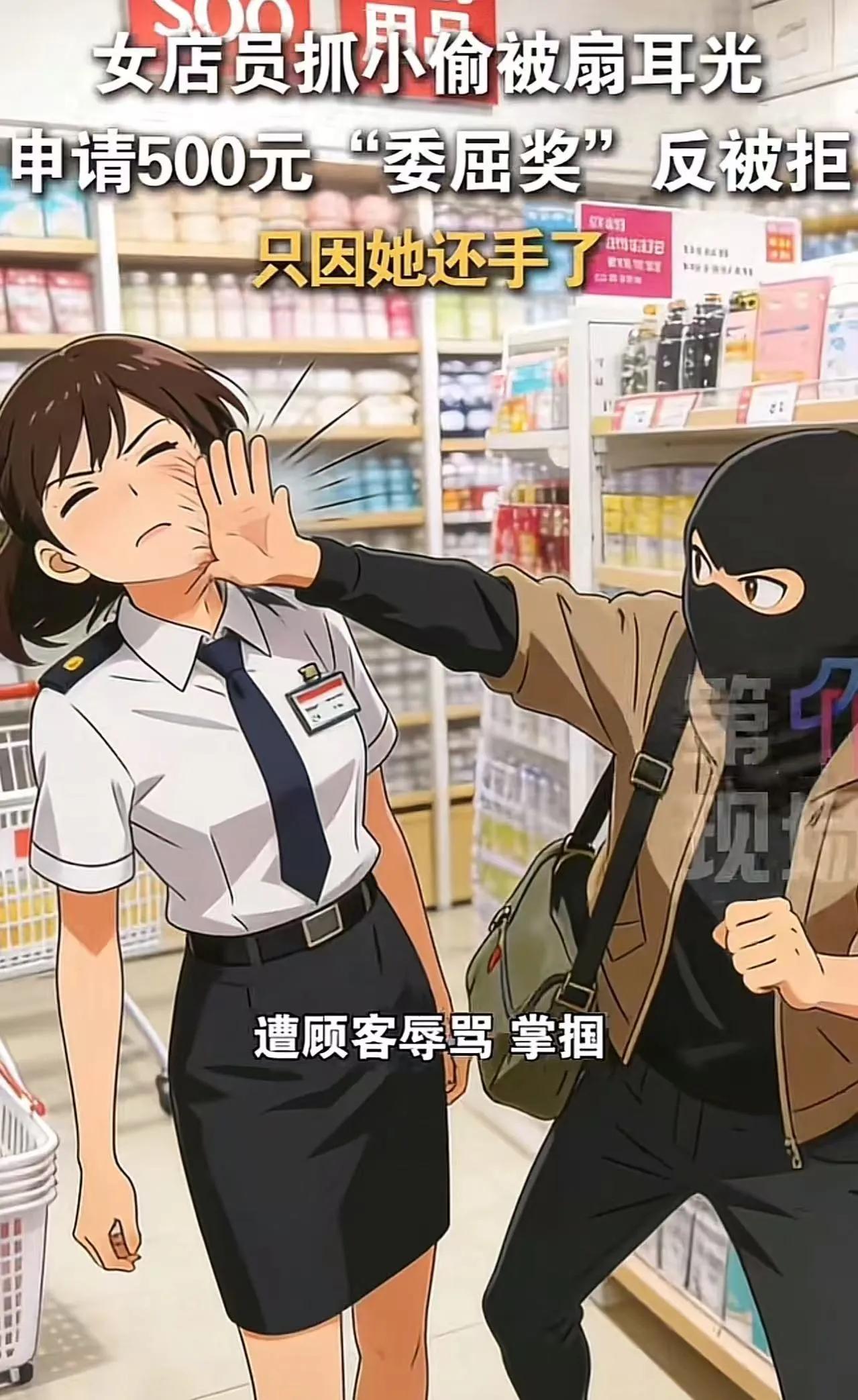 湖南长沙，女子上班时抓住偷东西的小偷，小偷情急之下，扇了女子一个耳光，店长知道后