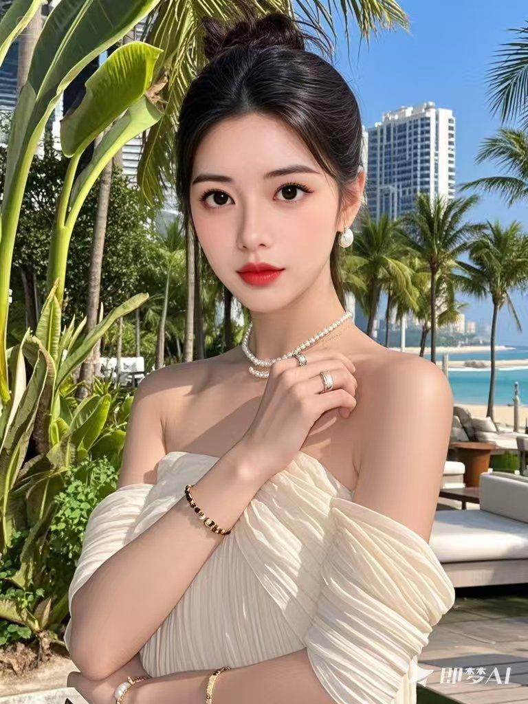 珍珠项链配白色露肩裙简直绝了！白色露肩裙，仿佛自带度假氛围，清爽又浪漫。漫步在湖