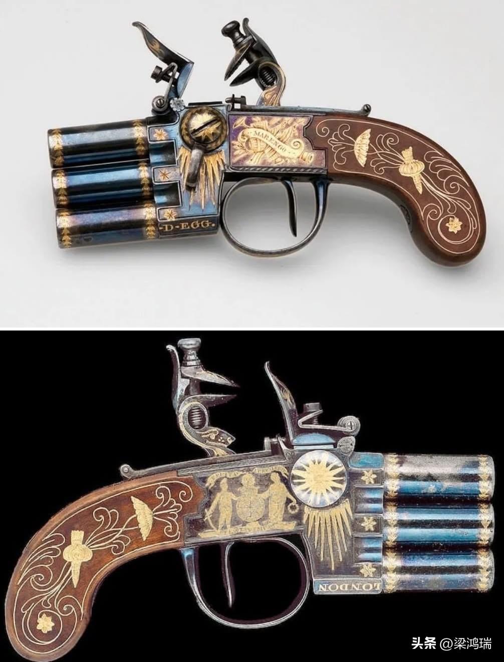 拿破仑的三管手枪（1802年），由伦敦枪匠 Durs Egg 打造的一把镶金燧发