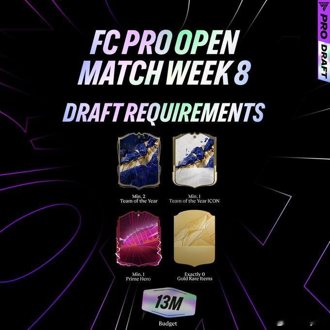 FC Pro公开赛第八周选秀要求公布。TOTY年度蓝球员至少2名。TOTY年度蓝