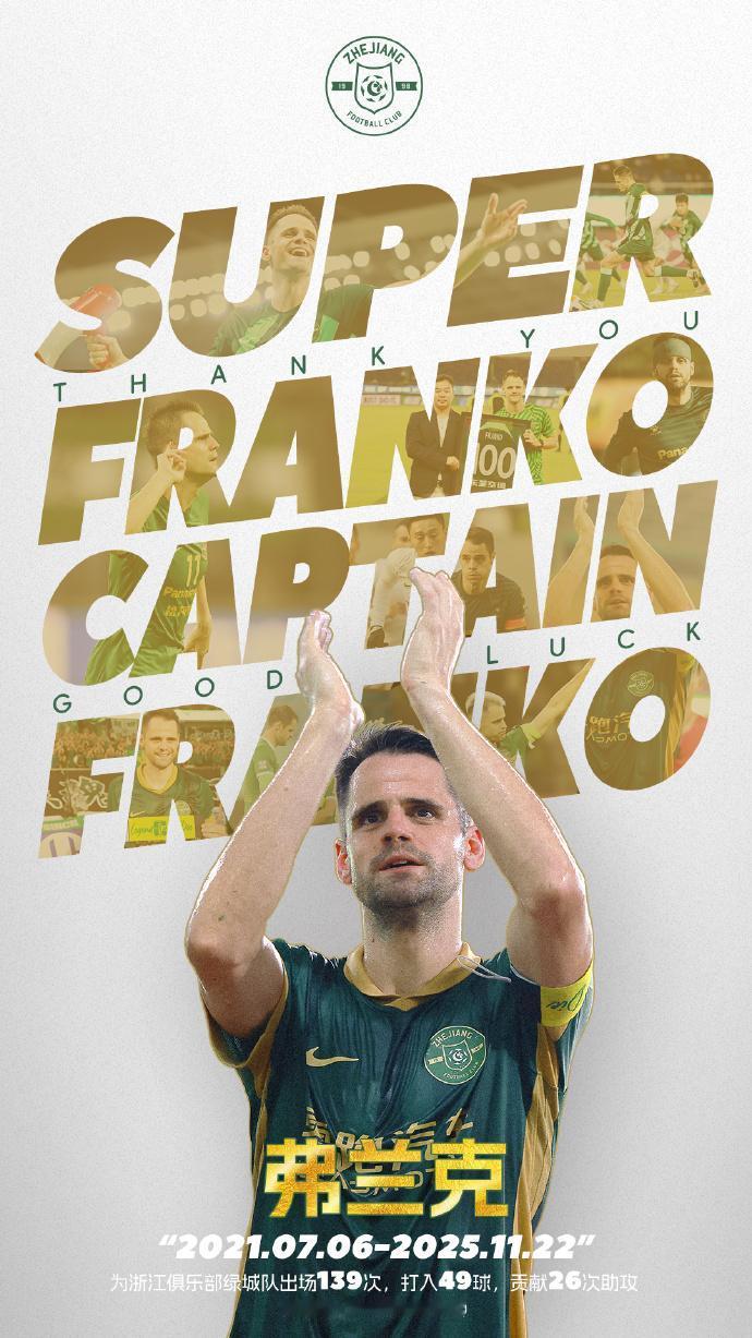 放走队长，浙江队下赛季会不会换个玩法呢？
浙江队官宣与队长弗兰克达成一致，后者将