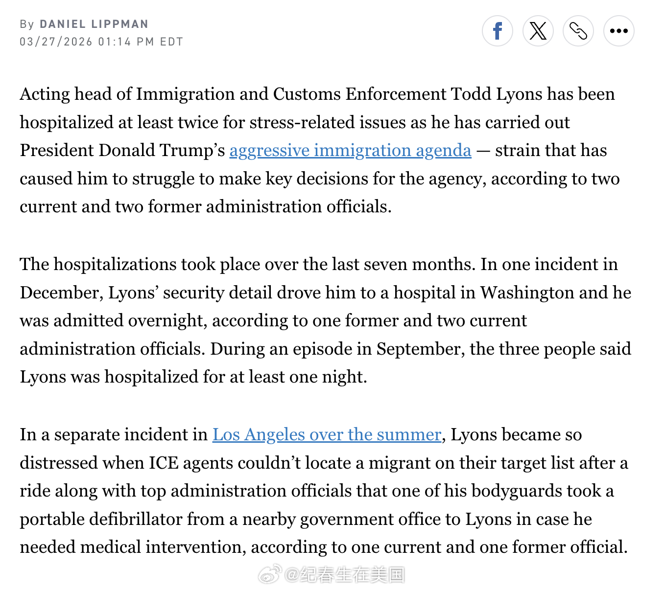 Politico：美国 ICE 代理局长Todd Lyons在执行川普激进的驱逐