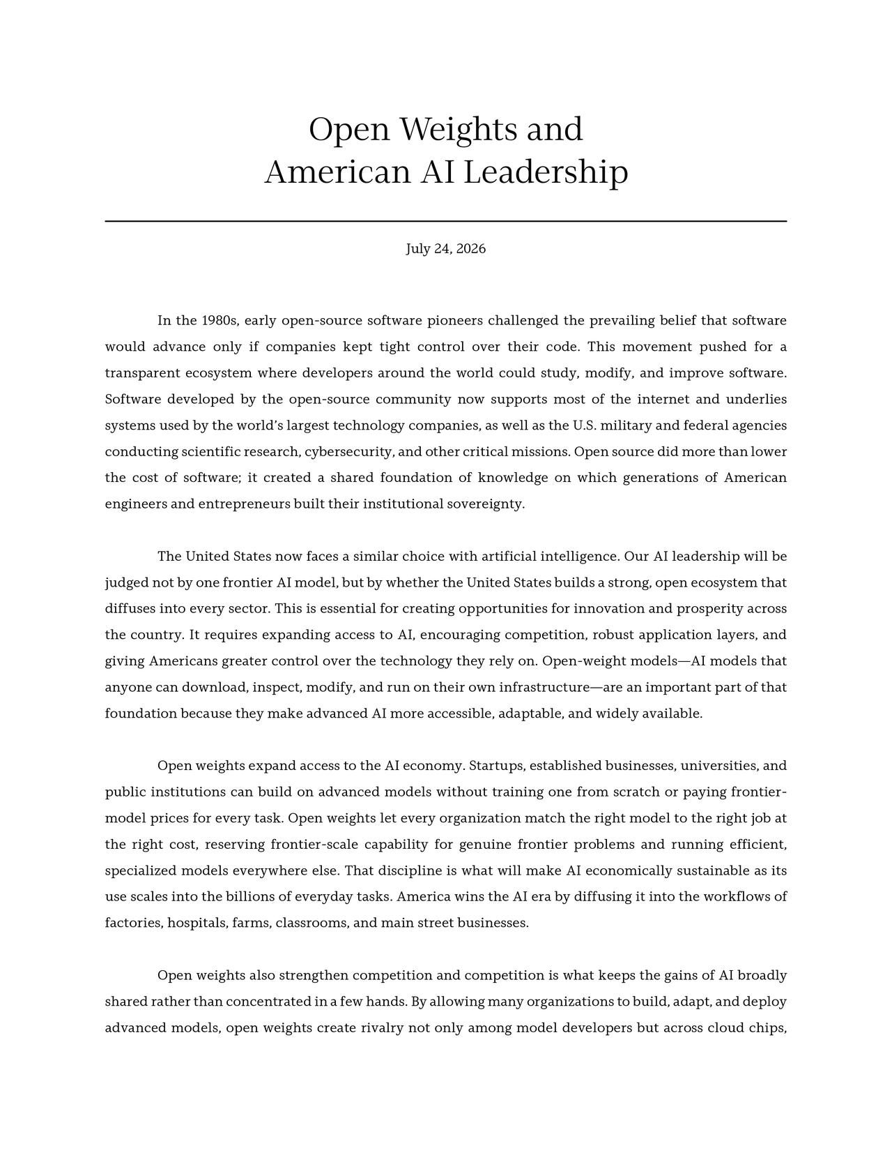 【黄仁勋：开放权重与美国AI领导力】
这是我发布的第一篇帖子，想和大家分享一封英