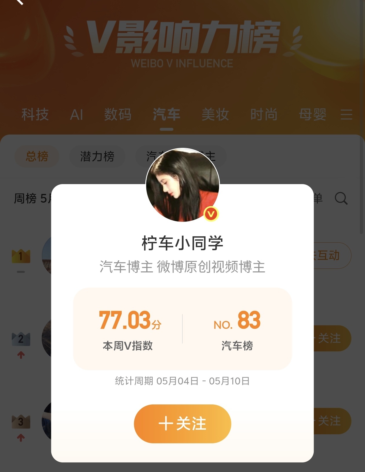 小柠也是好起来了，汽车V指数榜单一周排名比一周靠前。评论本条抽5位铁粉，请喝冰可