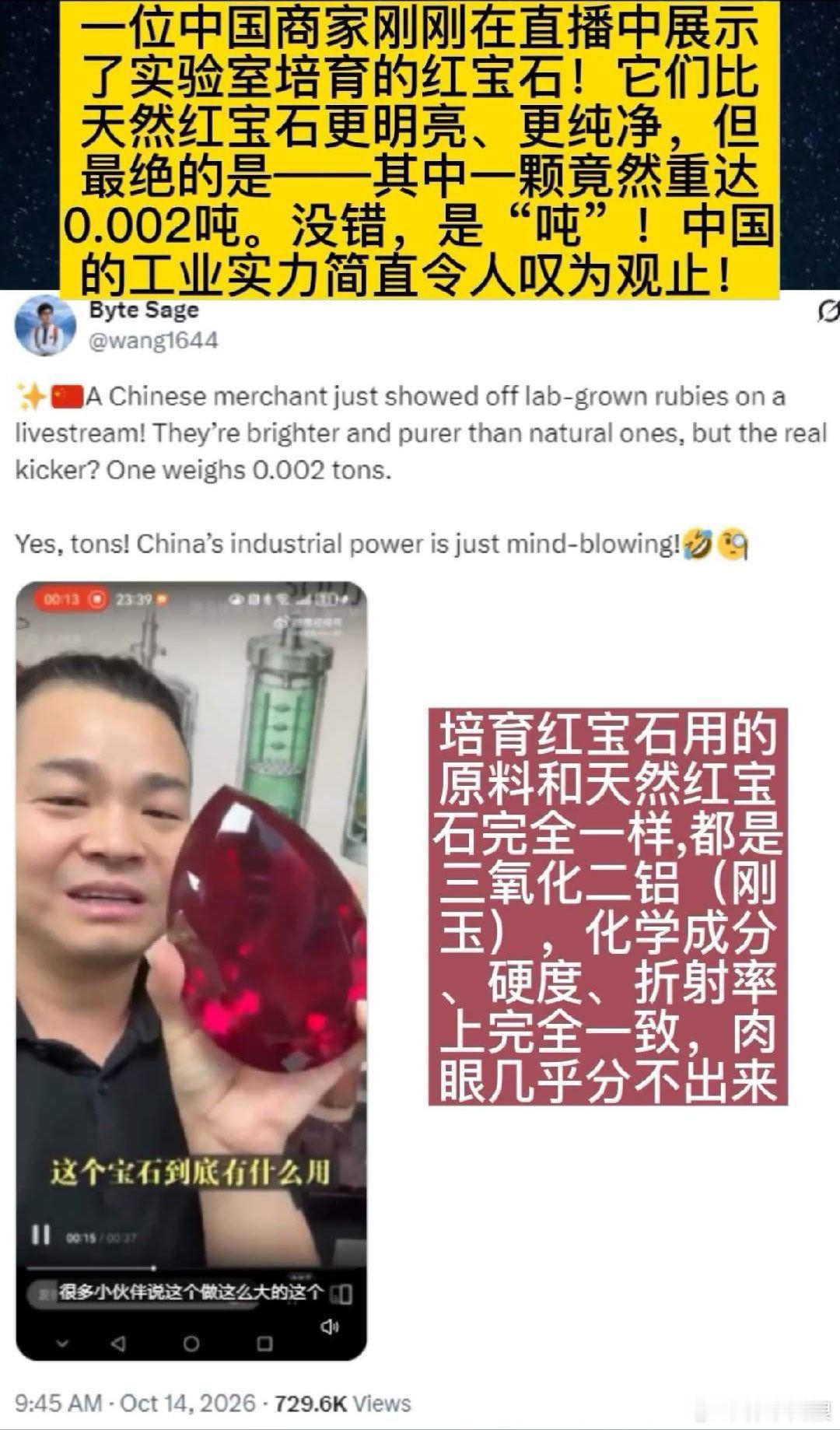 外网网友赞美中国的人造红宝石把富人眼里的奢侈品变得一钱不值，是真正的社会主义！ 