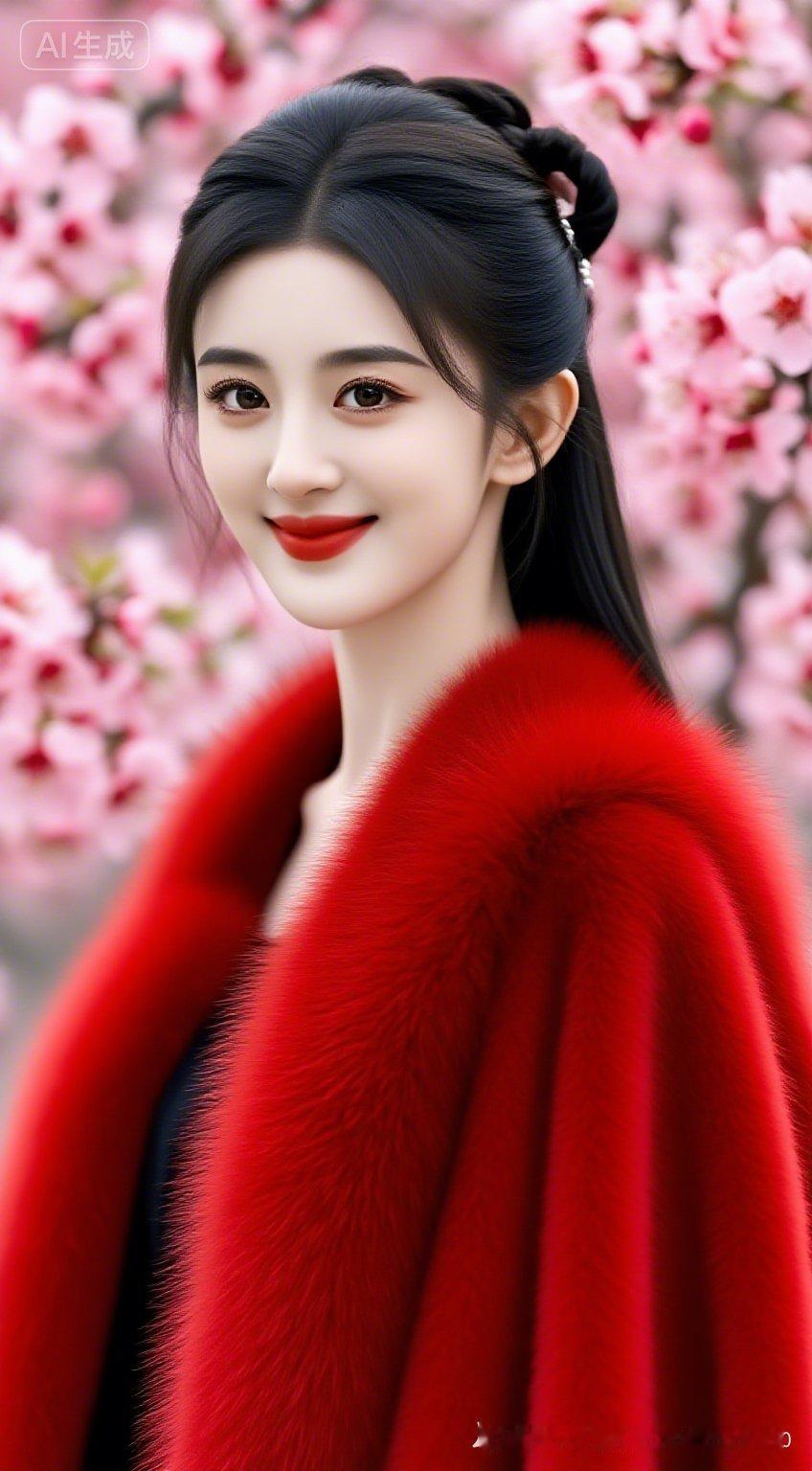 春日少女，红衣飘飘，花海中的美丽瞬间