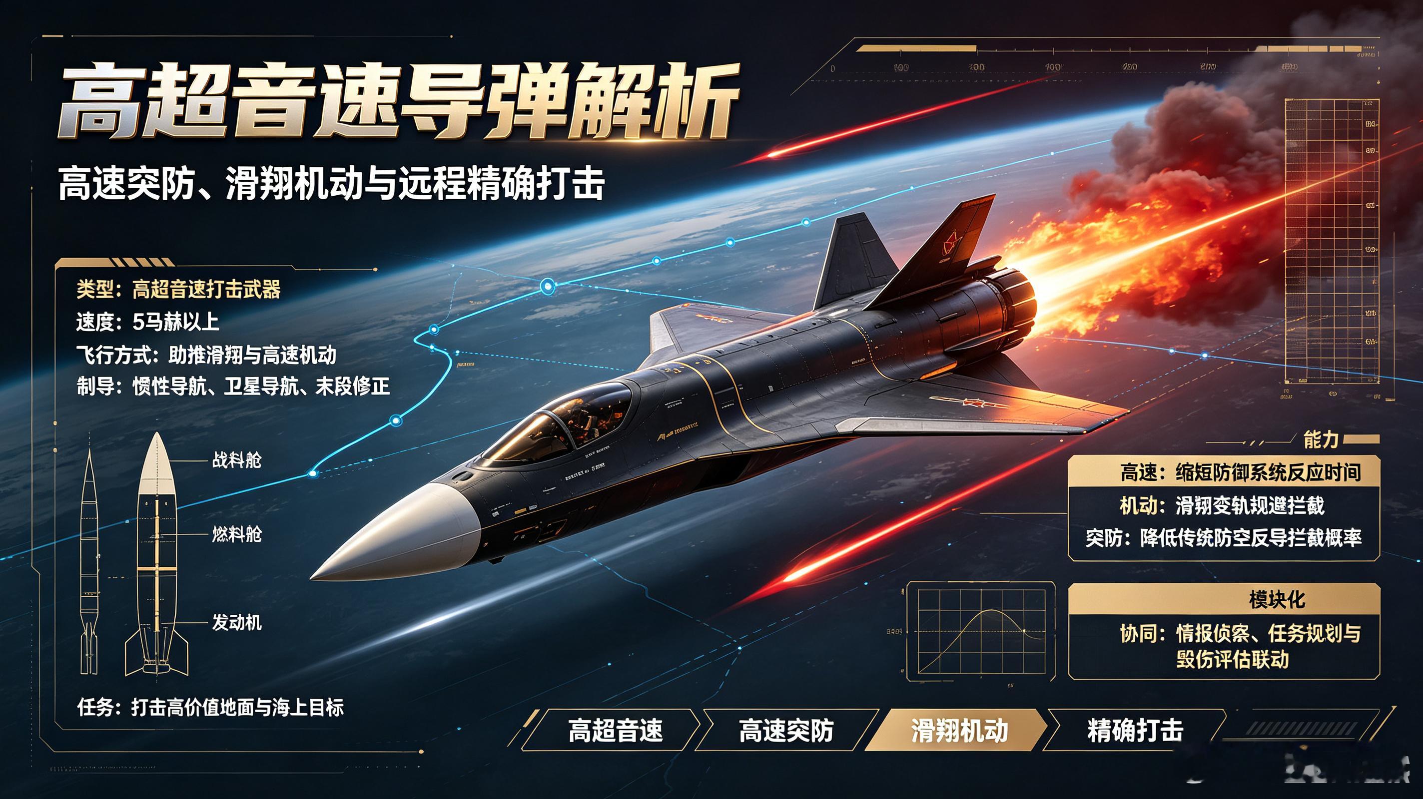高超音速导弹是现代远程打击武器中的高速度、高机动类型，通常以 5 马赫以上速度飞