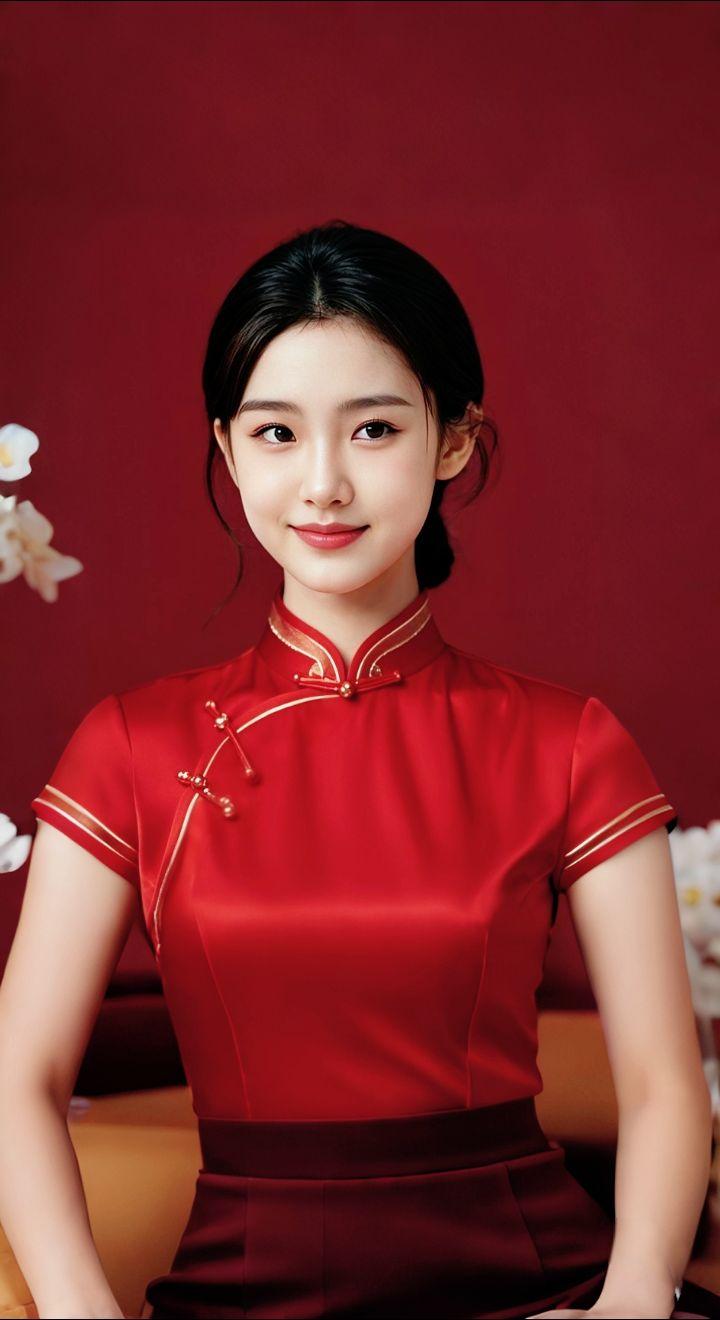 AI扩图 AI红裙浅笑