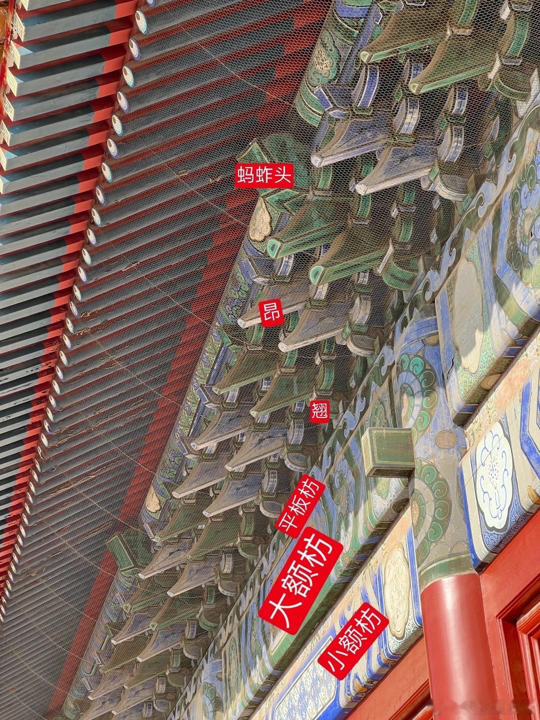 长陵祾恩殿前檐下层单翘重昂平身科溜金斗栱。其头昂，二昂，耍头，撑头木，桁椀尾部翘
