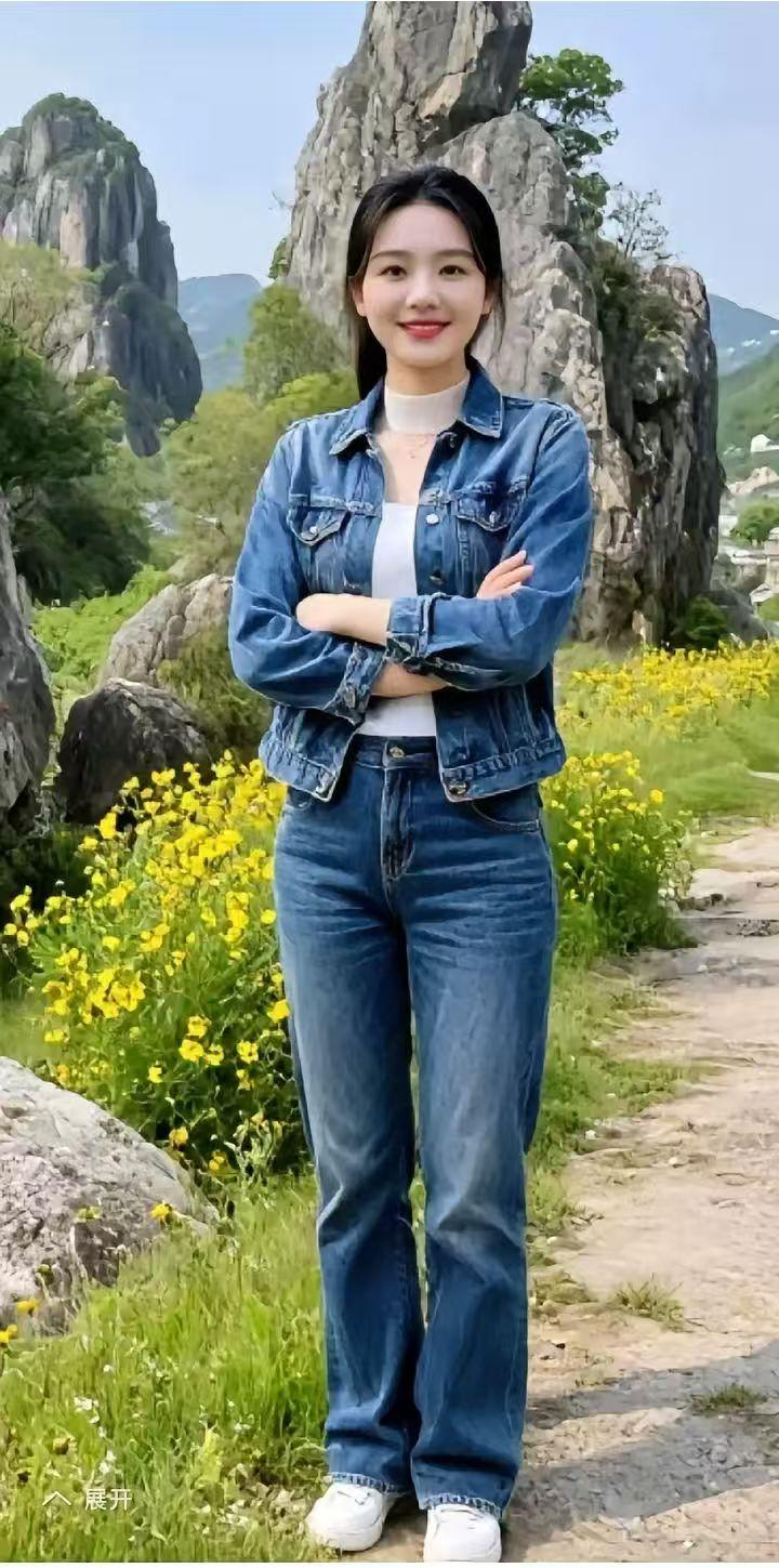 黄花旁姑娘
黄花烂漫映韶光，
牛仔佳人意韵长。
双手抱拳姿洒脱，
风光入画韵流芳