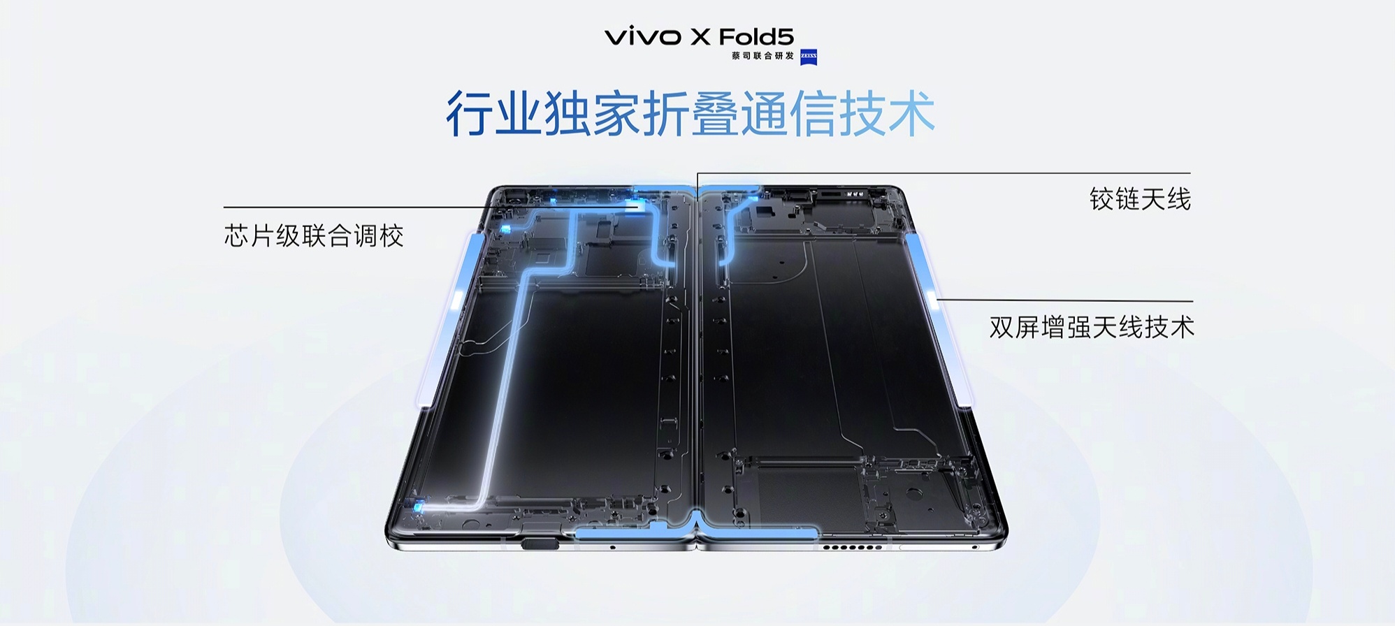 vivo X Fold5 信号：采用了铰链天线，还有双屏增强天线技术，展开状态下