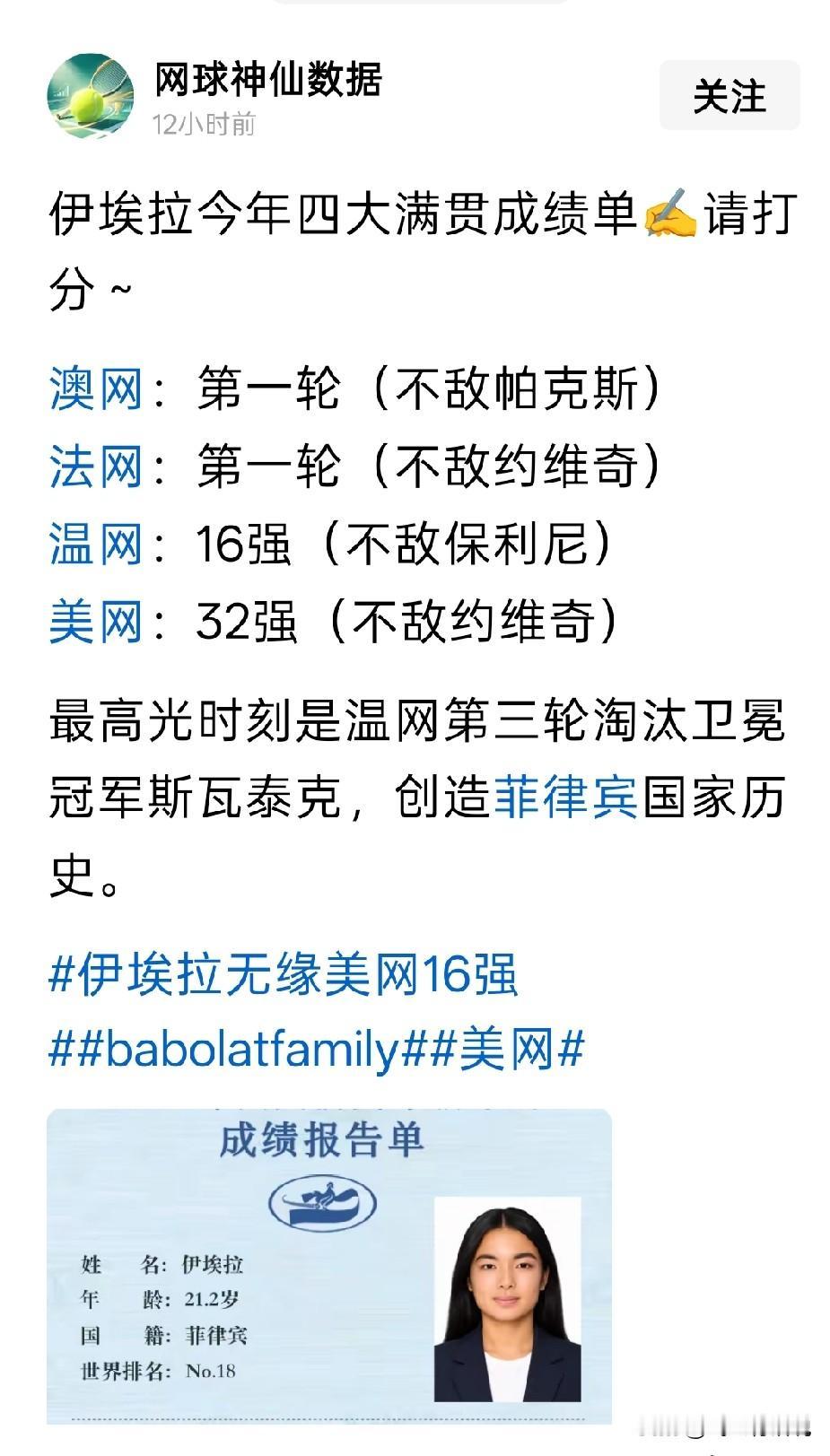 不知道这个颇有中国相的菲律宾女孩伊埃拉，成长的空间会不会超越郑钦文
现在这个年轻
