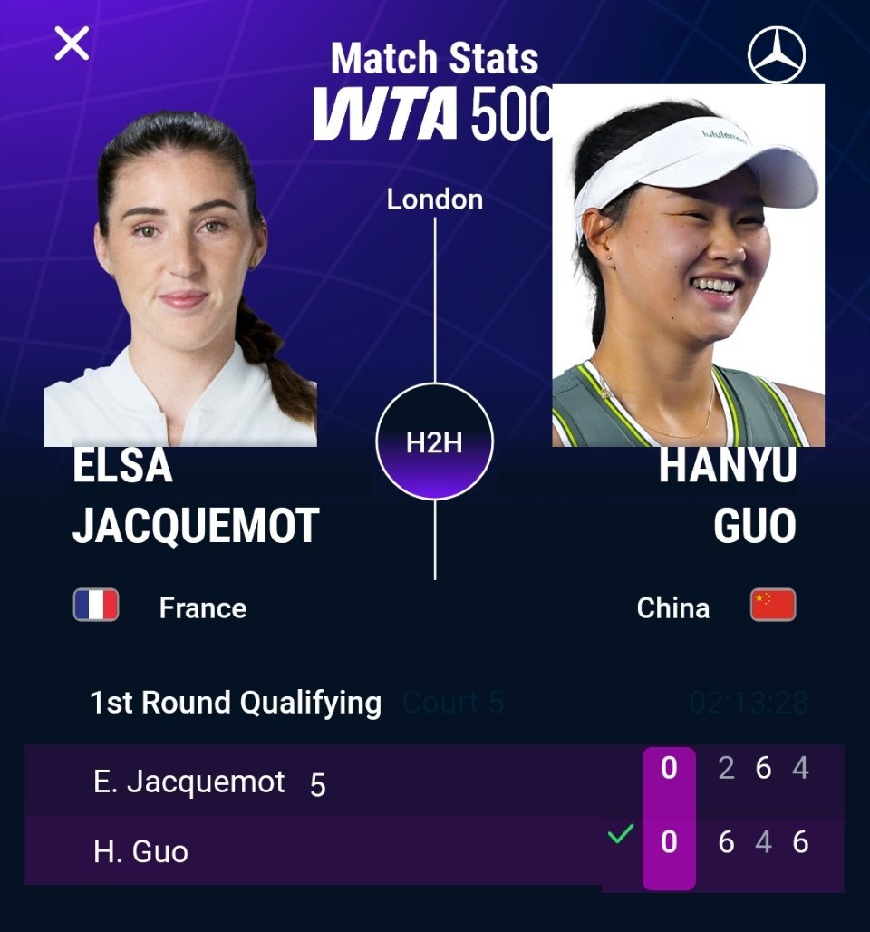 WTA500伦敦站资格赛，郭涵煜以6-2 4-6 6-4淘汰雅克莫，成功晋级决胜