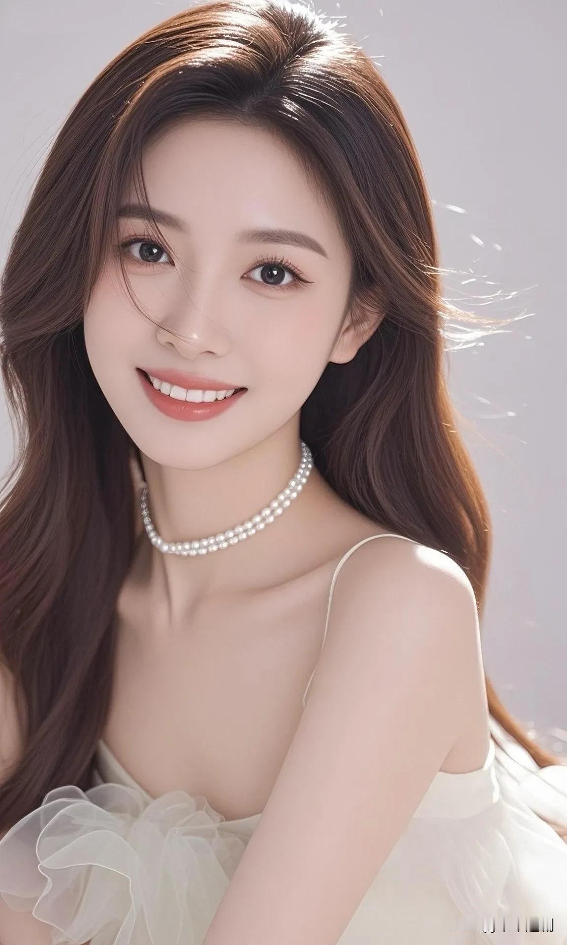 柔纱裹着浅光，珍珠颈链坠在肩线弯处。发丝漫过耳尖时，笑涡里盛着温软的甜，像把春日