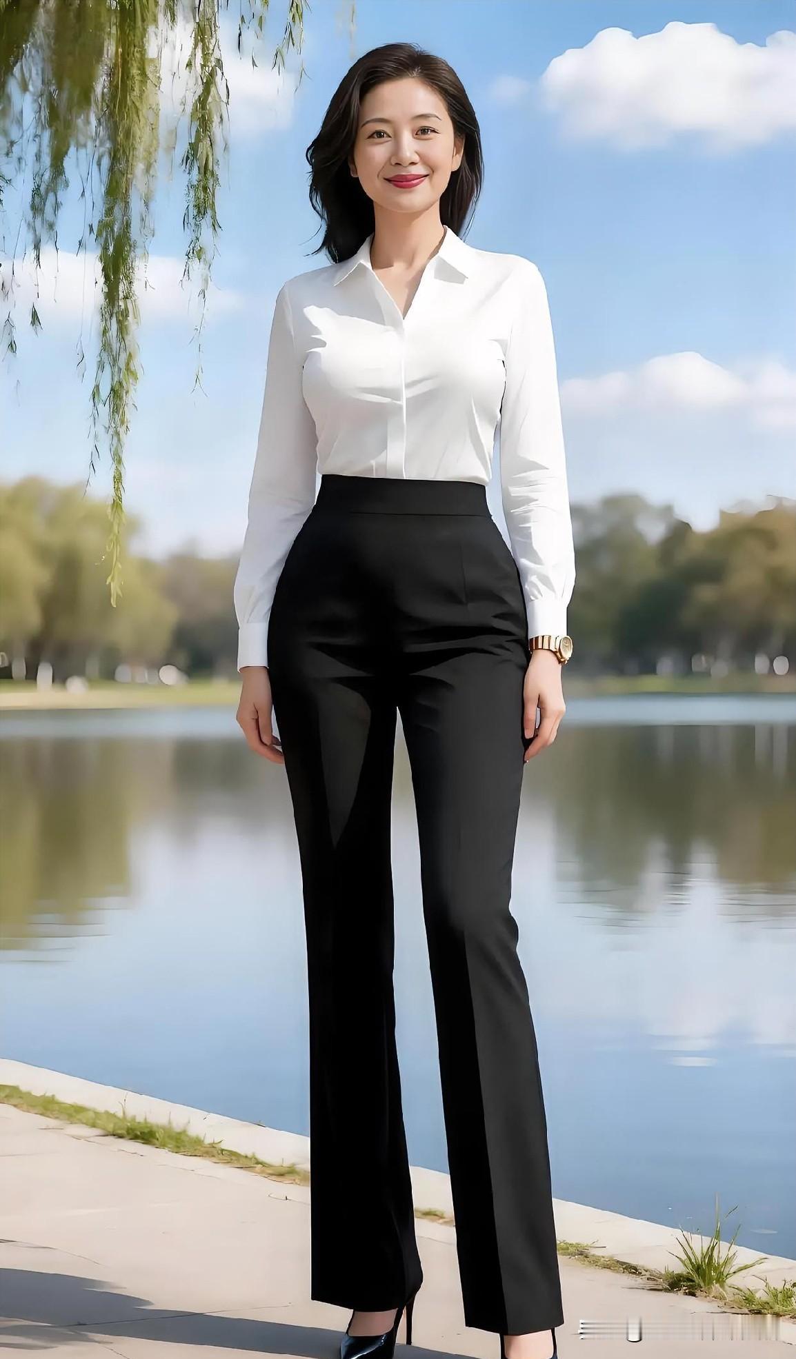 湖畔微风拂动垂柳，佳人独立如诗。白衣黑裤勾勒出修长身姿，眉眼盈盈间尽显从容。蓝天
