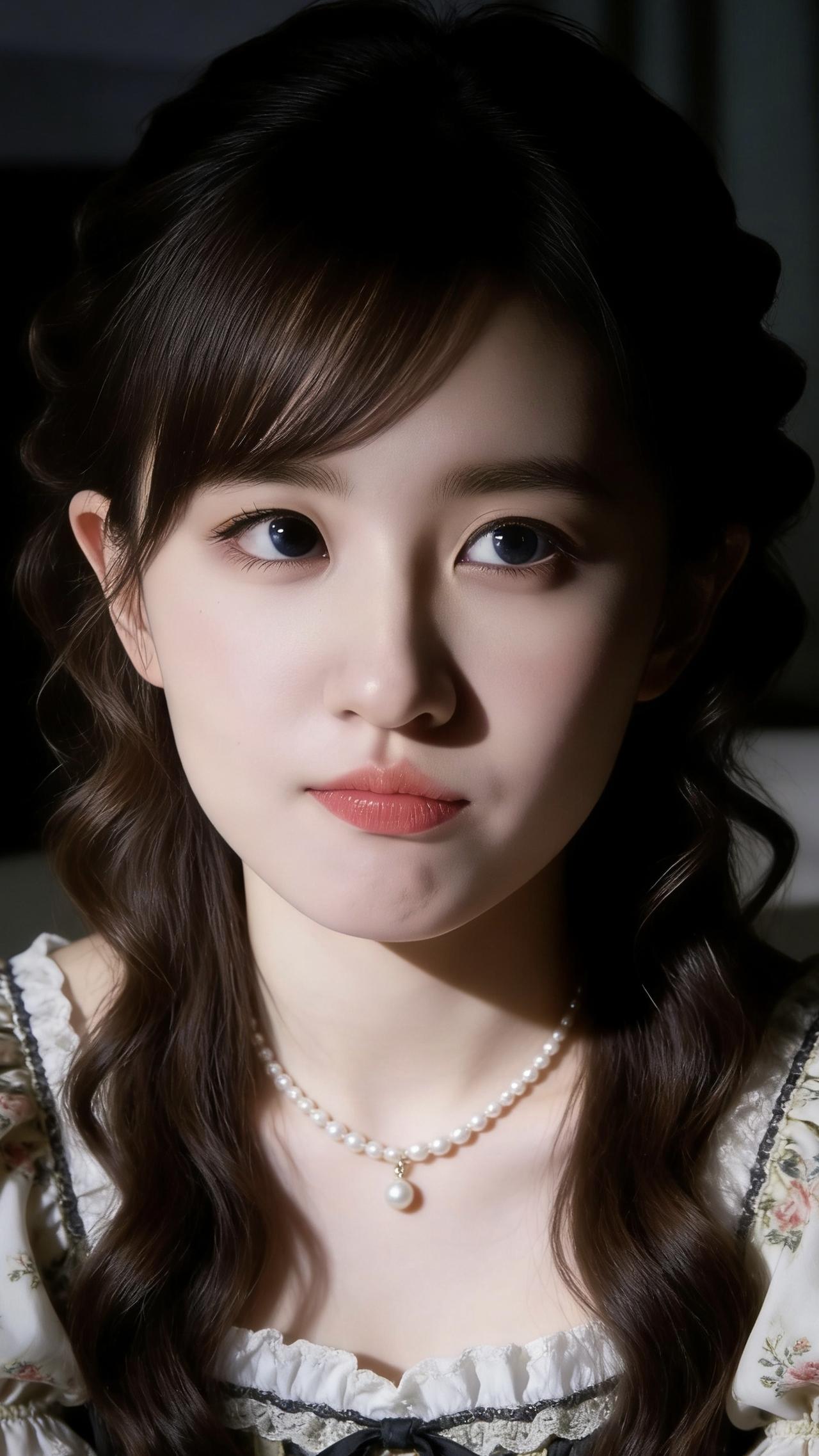 珍珠项链在明暗交界的光线下泛着细腻的光泽，她静坐在几乎凝固的黑暗里，目光越过空气