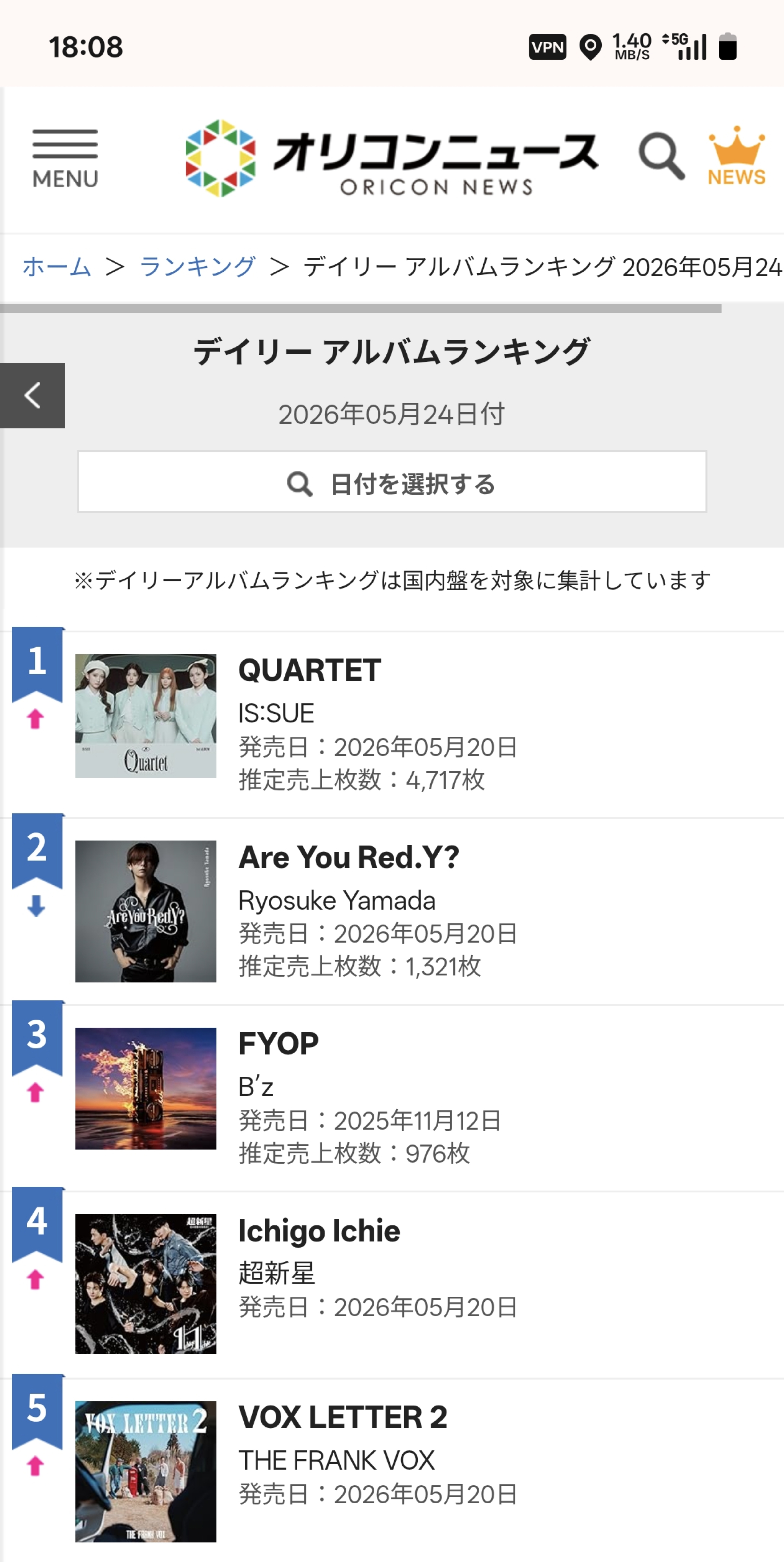 NEWS: Oricon 专辑销量排行 2026年5月24日付发表，Hey! S