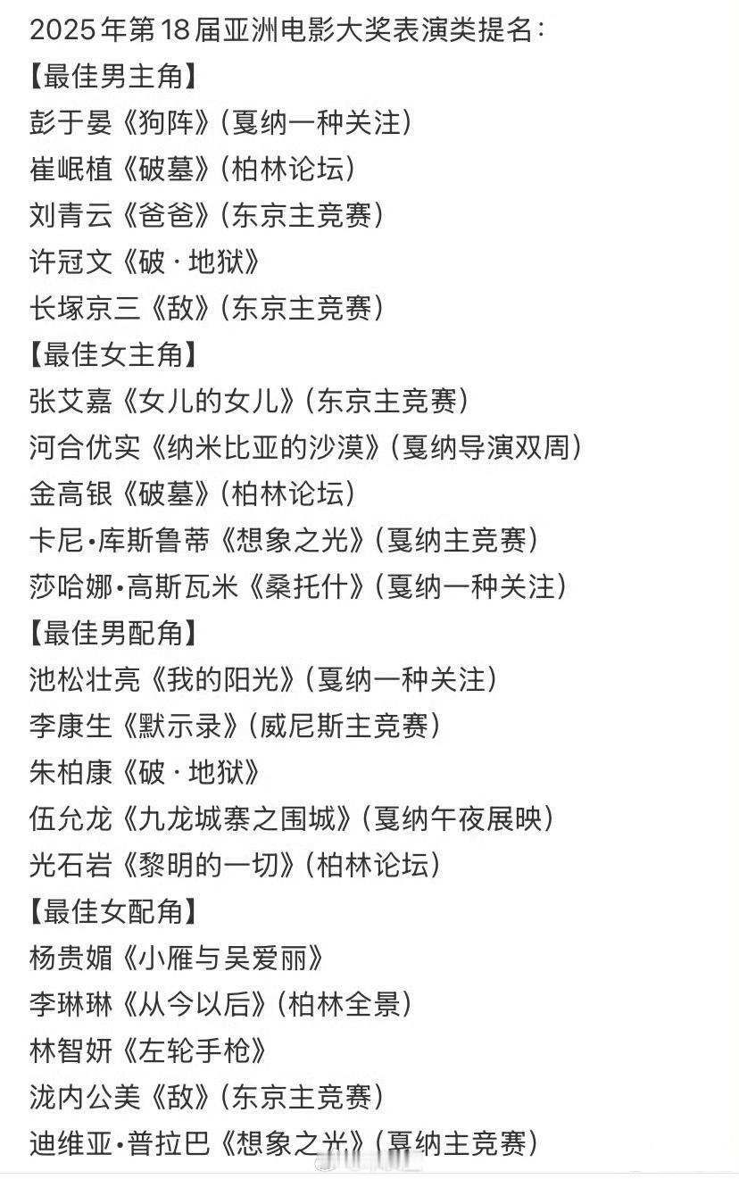 亚洲电影大奖 看了网传的这份汇总，如果说只认欧三以及亚洲最强A类-东京电影节的成