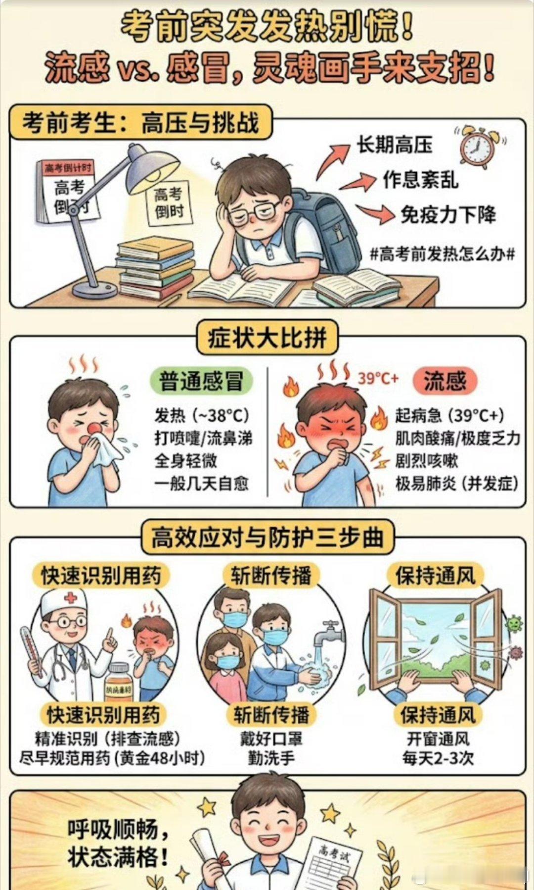 高考前发热怎么办当年高考冲刺期熬夜刷题受凉发烧，低烧靠温水补水、卧床休息物理降温
