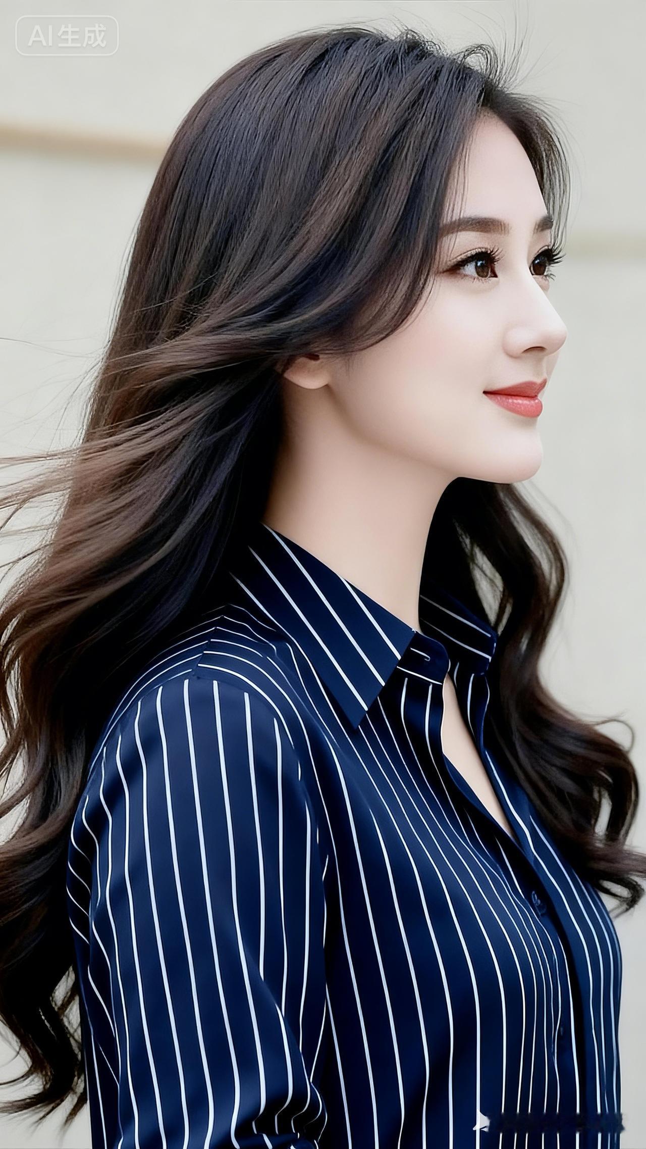 长发美女穿条纹衬衫，侧脸微笑。