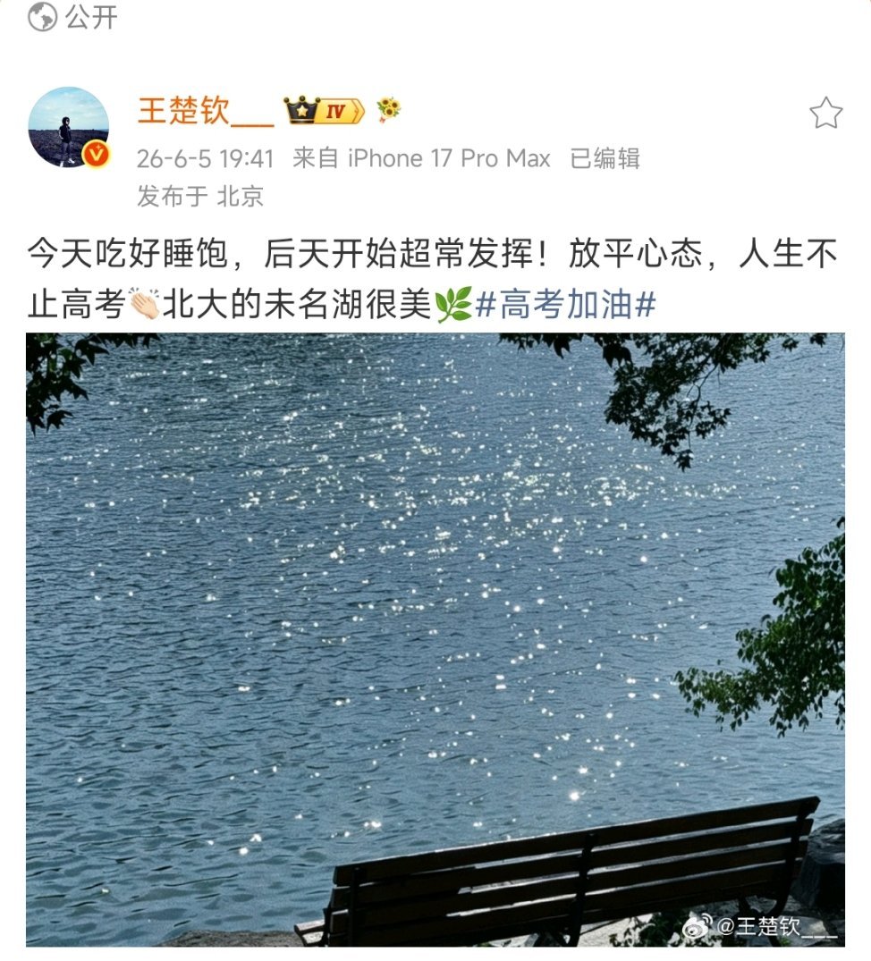 王楚钦说北大未名湖很美来自北大研究生的高考祝福谢谢楚钦分享未名湖畔的风景楚钦好好