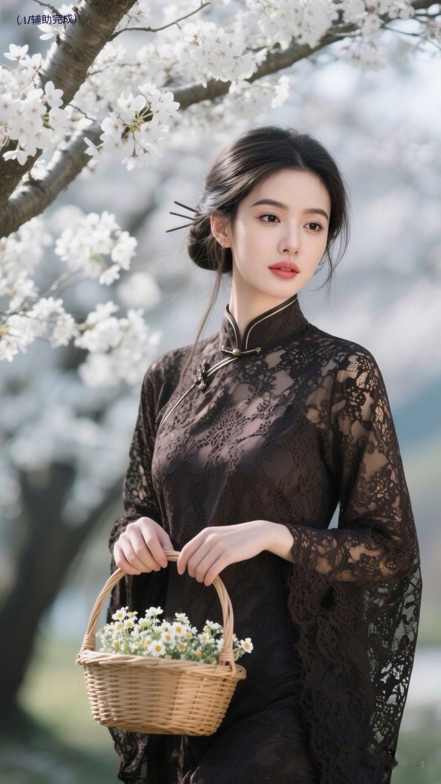 黑蕾丝旗袍缀花纹，盘发簪钗衬娇颜。她执竹篮小花，轻触樱枝仰头望，花瓣落肩头。樱花