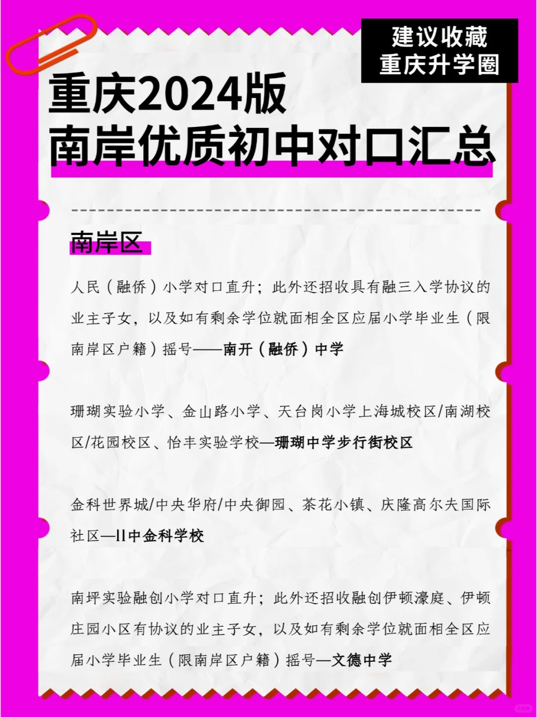 2024年南岸区优质初中入读方式