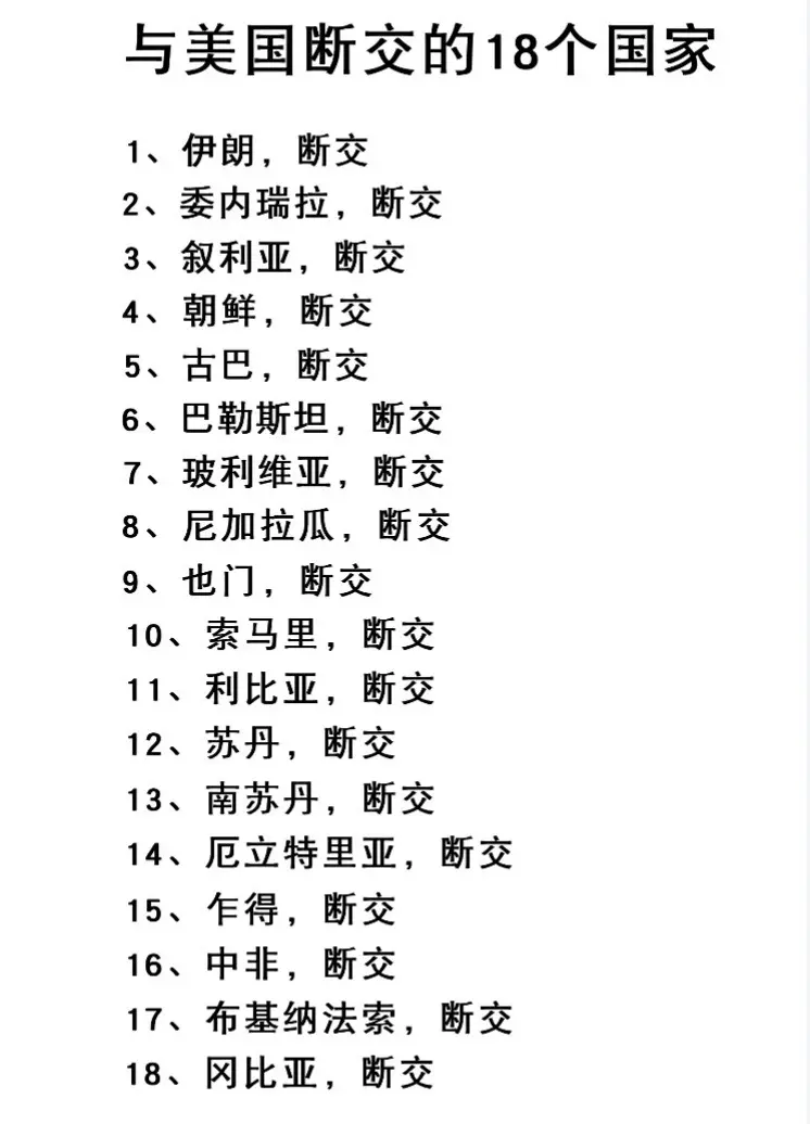 和美国断交的18个有名的国家。
