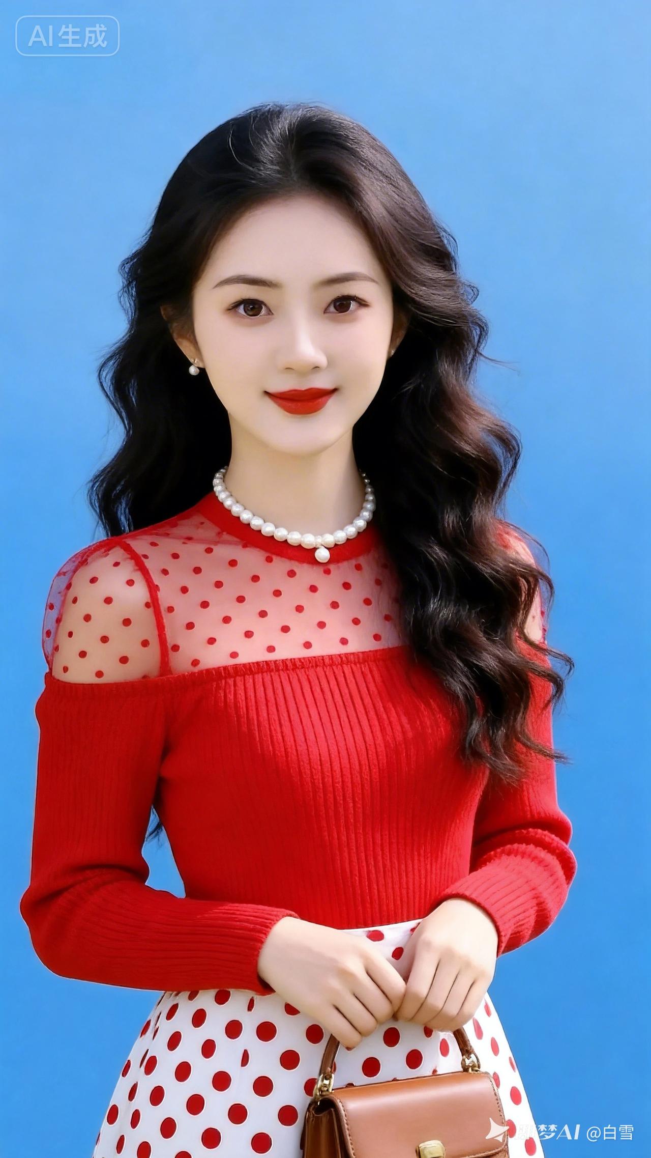 女子留着黑色长卷发，佩戴温润珍珠项链，身着红色波点网纱内搭与露肩针织衫，搭配红白