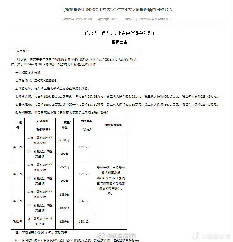 哈工程拟采购9955台空调好学校处处为学生操心，不搞面子工程[摊手]后半句不说了