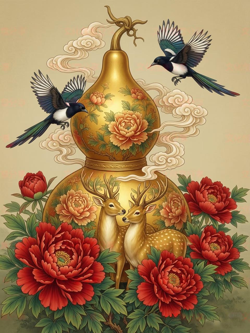 花开富贵·福禄双全·喜气常临·祥瑞满门
金葫芦盛满富贵花，喜鹊登枝鹿相依，祥云缭