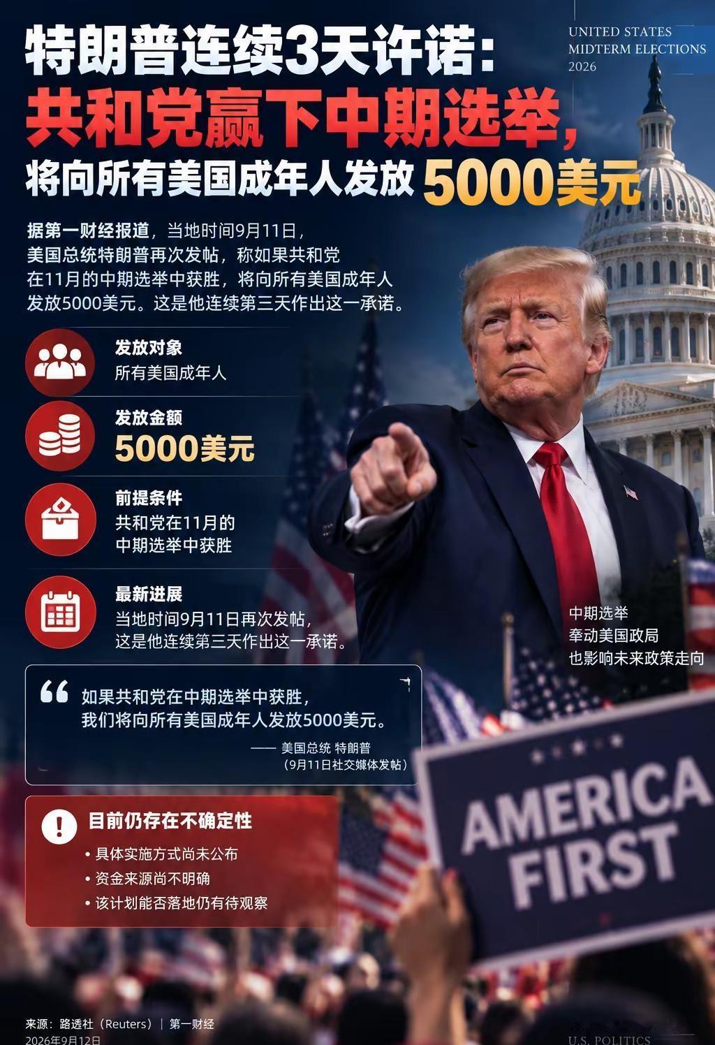 美国总统特朗普当地时间9月11日在社交媒体平台发帖，连续第3天承诺：如果共和党在