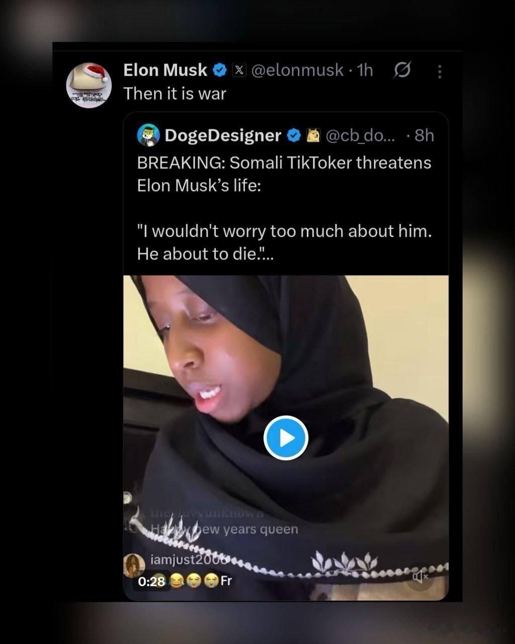 1/2/26😡索馬里的一個女人在Tik Token上發表了對馬斯克充滿敵意的威