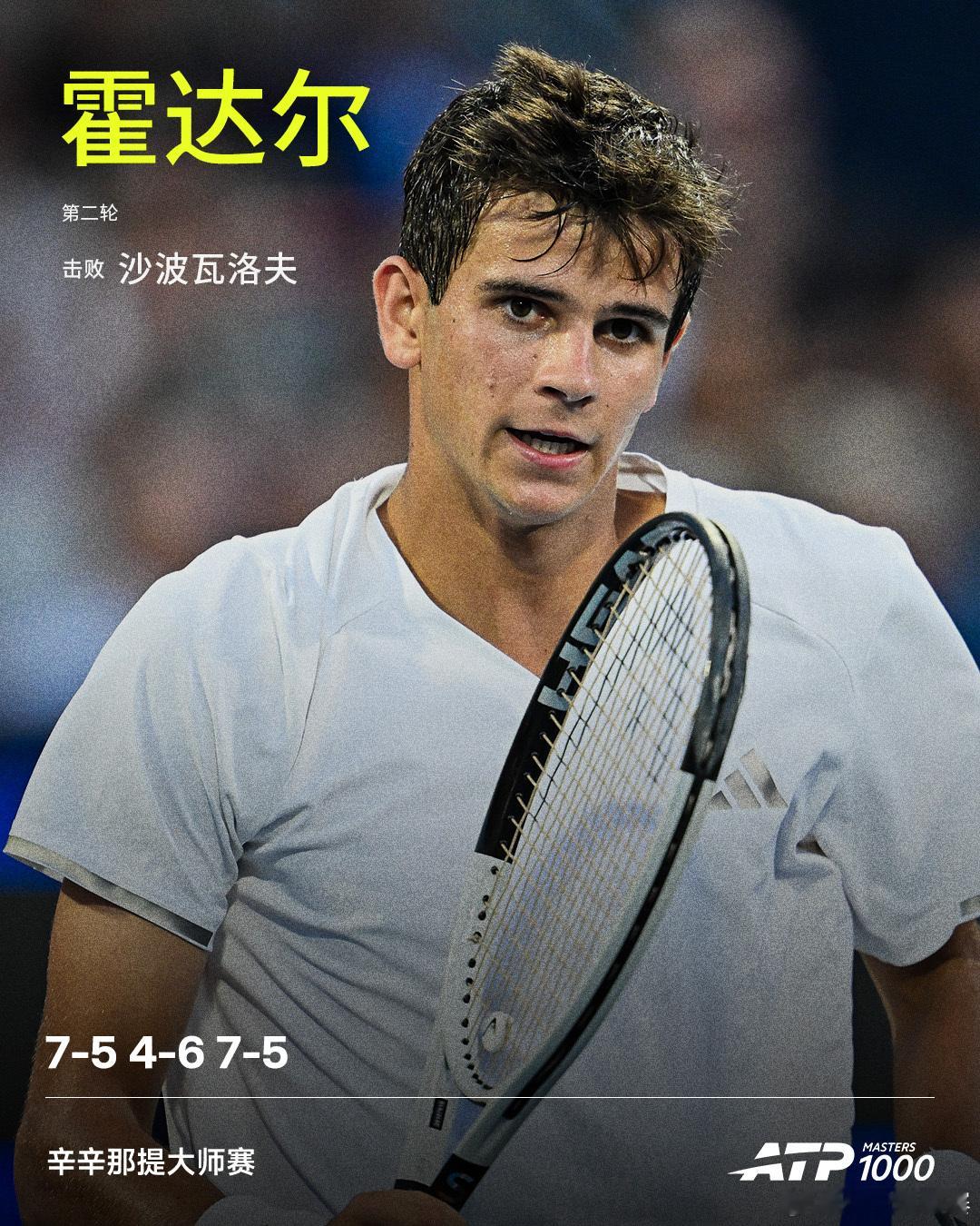 霍达尔晋级第三轮ATP1000 辛辛那提大师赛男单第二轮，霍达尔鏖战三盘，克服第